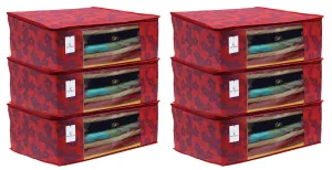 Kuber Industries Metalic Flower 6 Piece Non Woven Saree Cover Set, 7 inch, Red