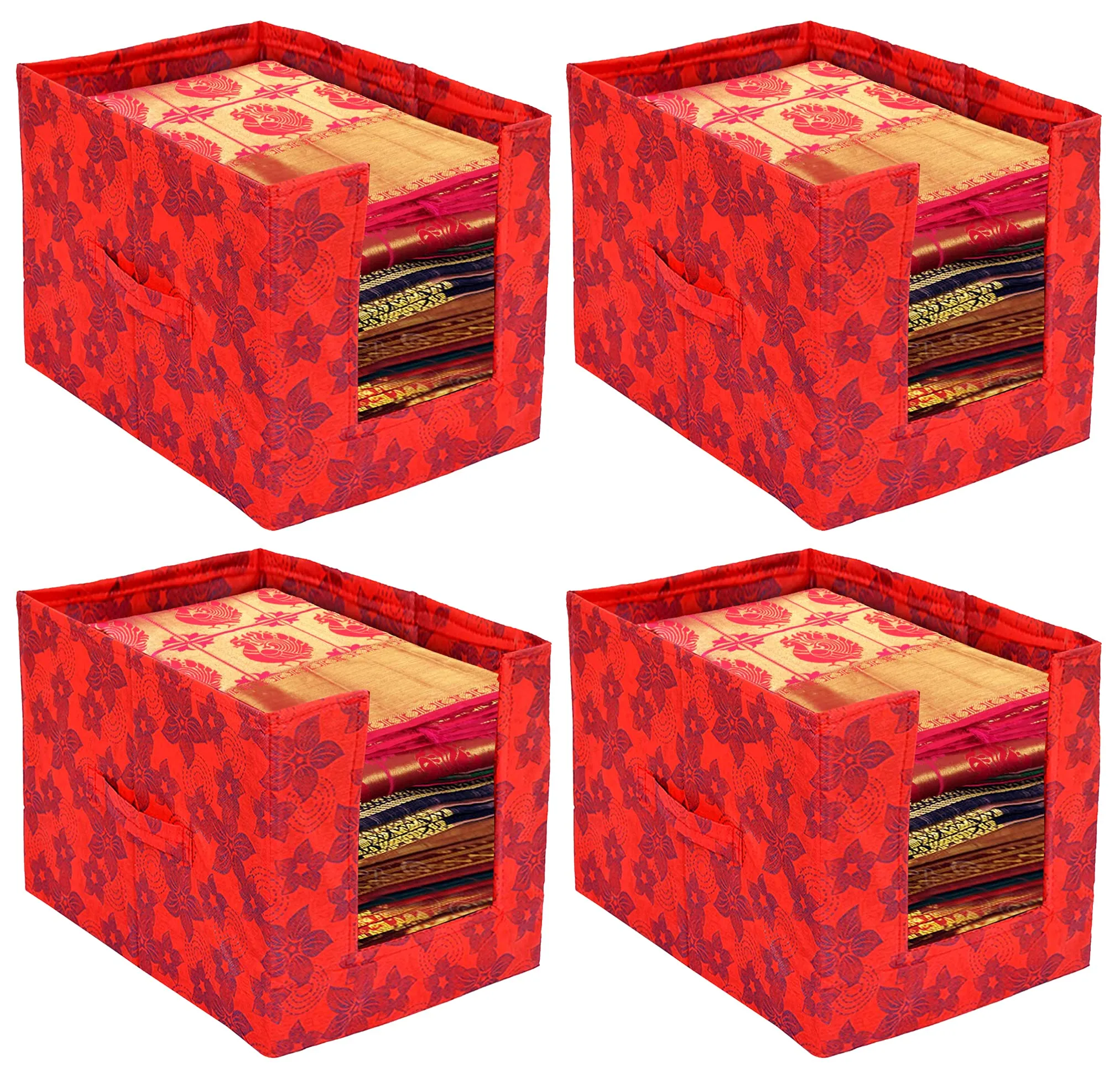 Kuber Industries Metalic Flower Print Foldable Rectangle Cloth Saree Stacker Cloth Wardrobe Organizer- Pack of 4 (Red)