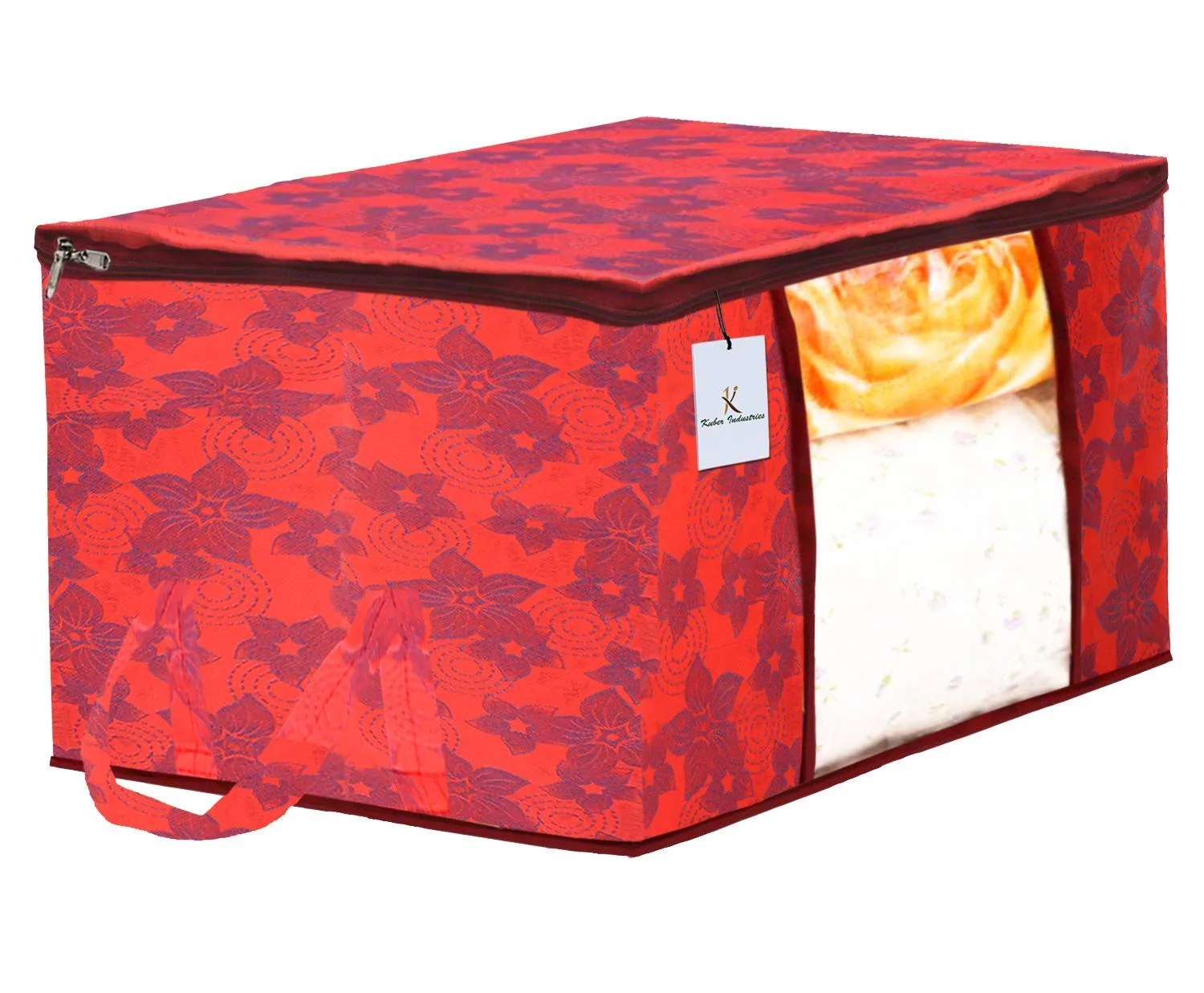 Kuber Industries Metalic Printed 4 Piece Non Woven Saree Cover and 4 Pieces Underbed Storage Bag, Storage Organiser, Blanket Cover, Golden Brown & Red -CTKTC042428