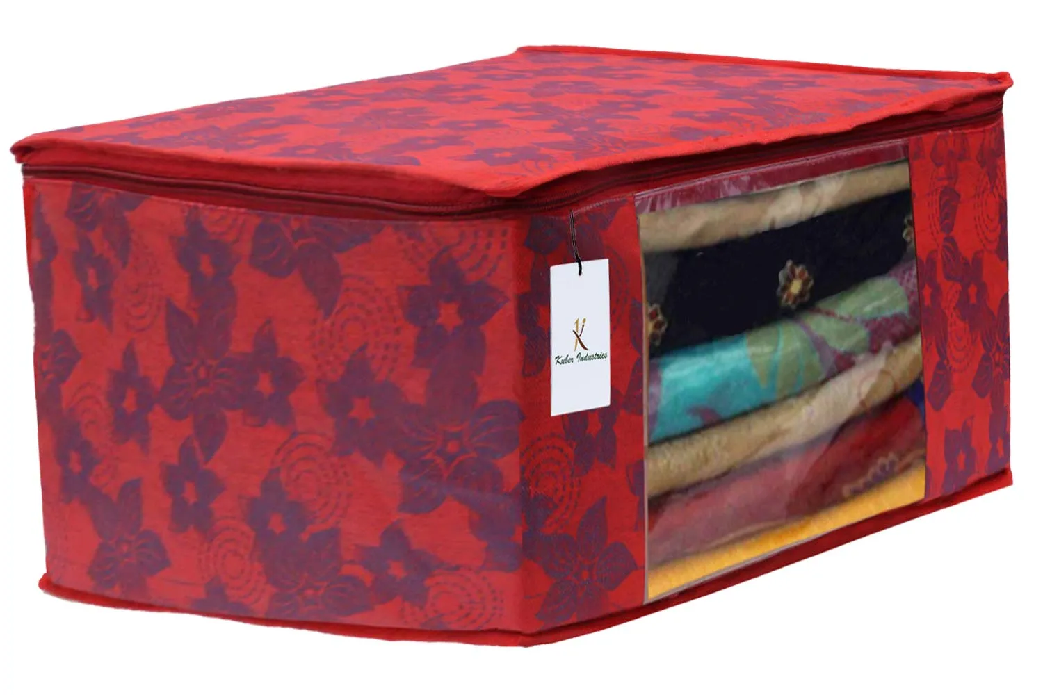 Kuber Industries Metalic Printed 4 Piece Non Woven Saree Cover and 4 Pieces Underbed Storage Bag, Storage Organiser, Blanket Cover, Golden Brown & Red -CTKTC042428