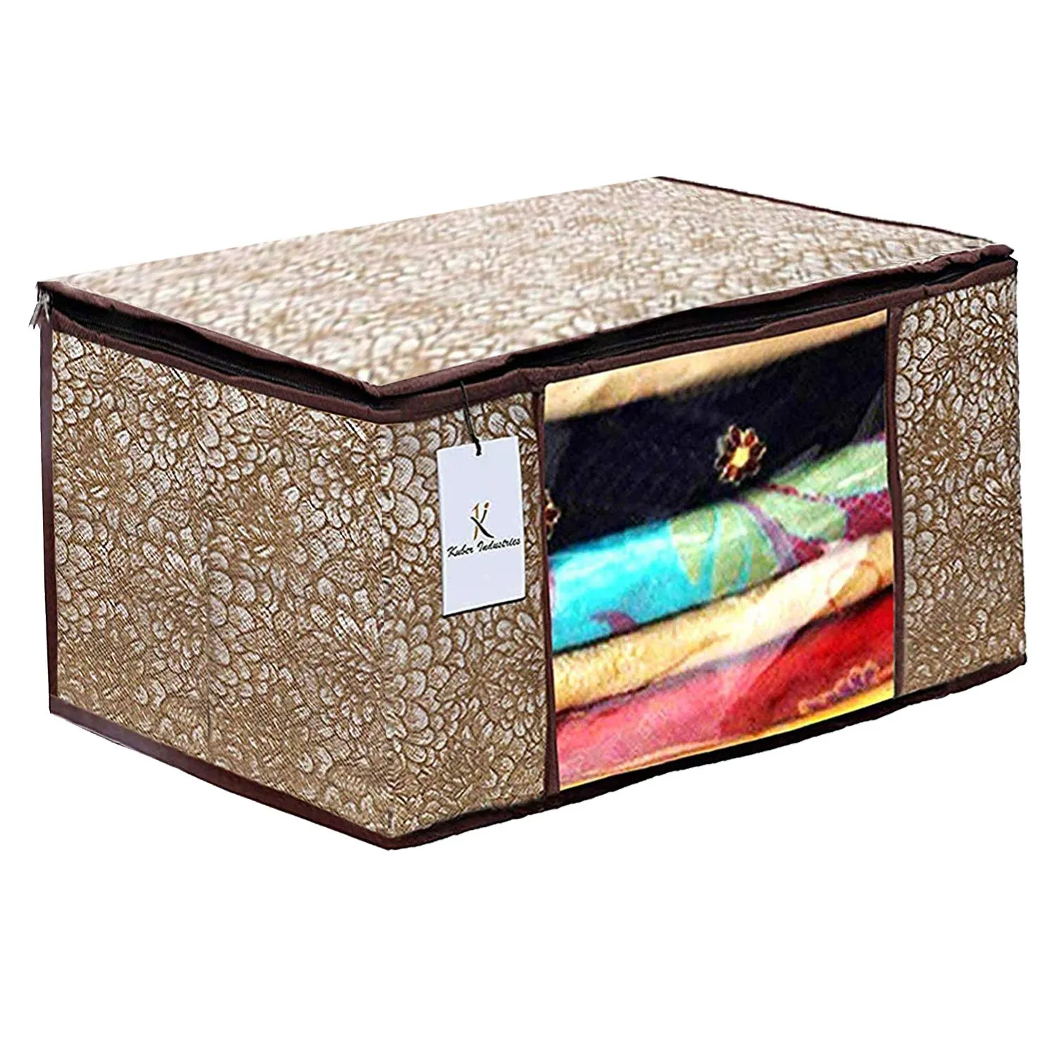 Kuber Industries Metalic Printed 4 Piece Non Woven Saree Cover and 4 Pieces Underbed Storage Bag, Storage Organiser, Blanket Cover, Golden Brown & Red -CTKTC042428