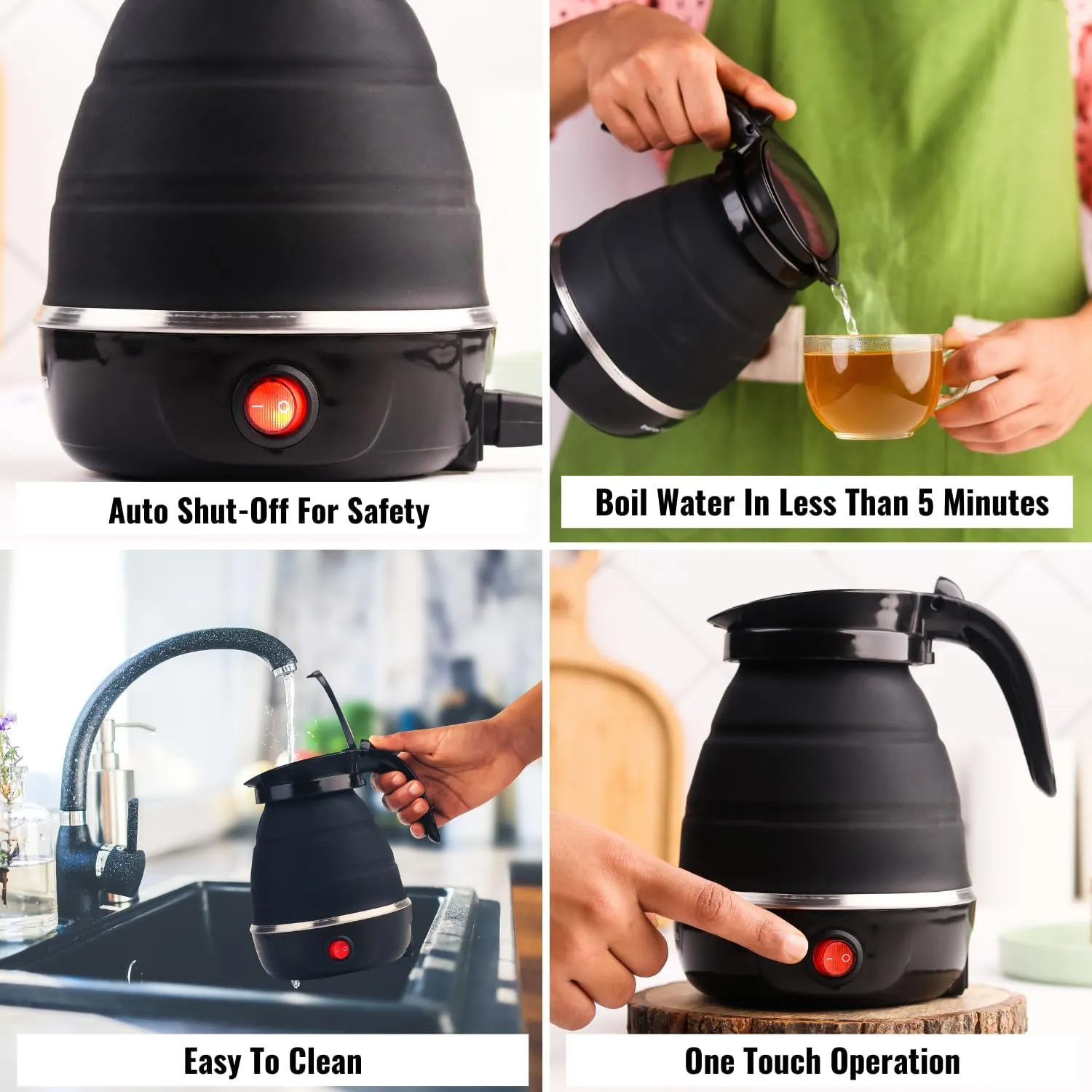 Kuber Industries Pack of 3 Foldable Electric Kettle 600 ML|Silicone Body With 304-Stainless Steel Base|Leak Proof Design|Multipurpose Portable Electric Kettle for Travel, Office & Home|600W|Black