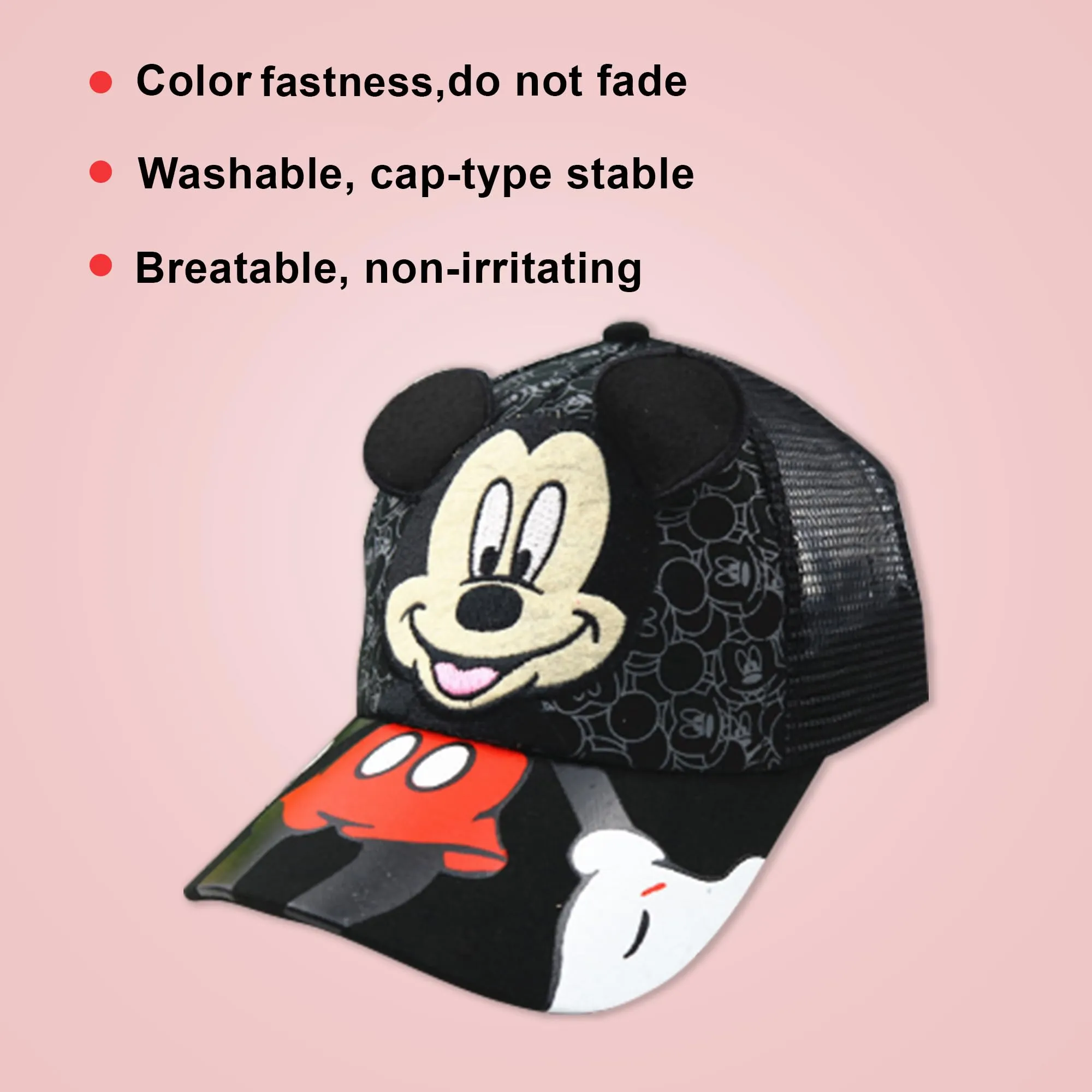 Kuber Industries Pack of 4 Mickey Mouse Cap | Adjustable Cap for Boys and Girls | Cartoon Character Printed Little Cap for Kids | Cap for 7-12 Year Old Baby Girls and Boys | QI0102-B | Black