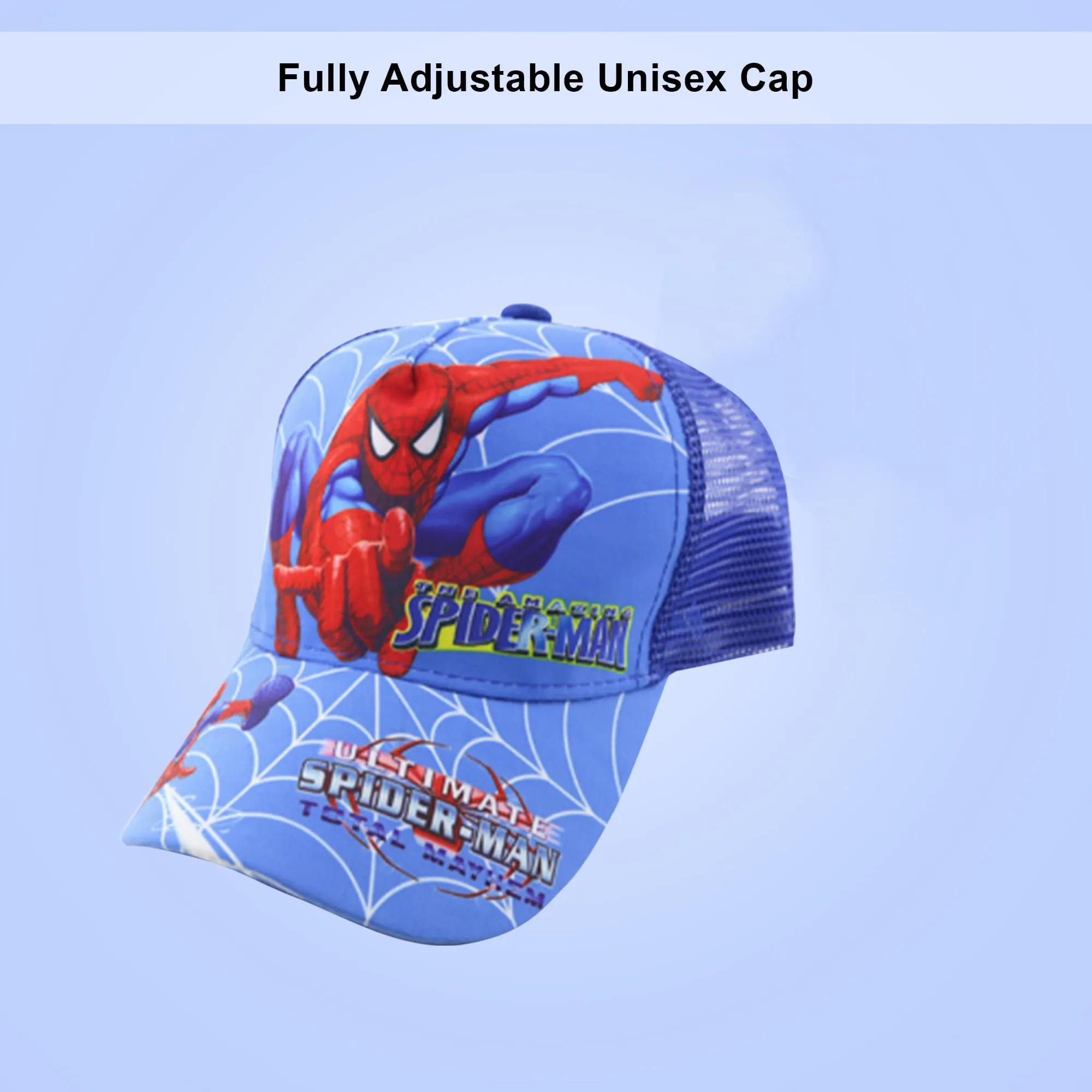 Kuber Industries Pack of 4 Spiderman Cap | Adjustable Cap for Boys and Girls | Cartoon Character Printed Little Cap for Kids | Cap for 7-12 Year Old Baby Girls and Boys | T20622 | Blue