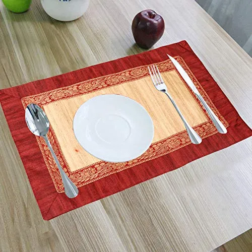 Kuber Industries Patch Design Silk 6 Piece Dining Table Place Mat Set - Maroon