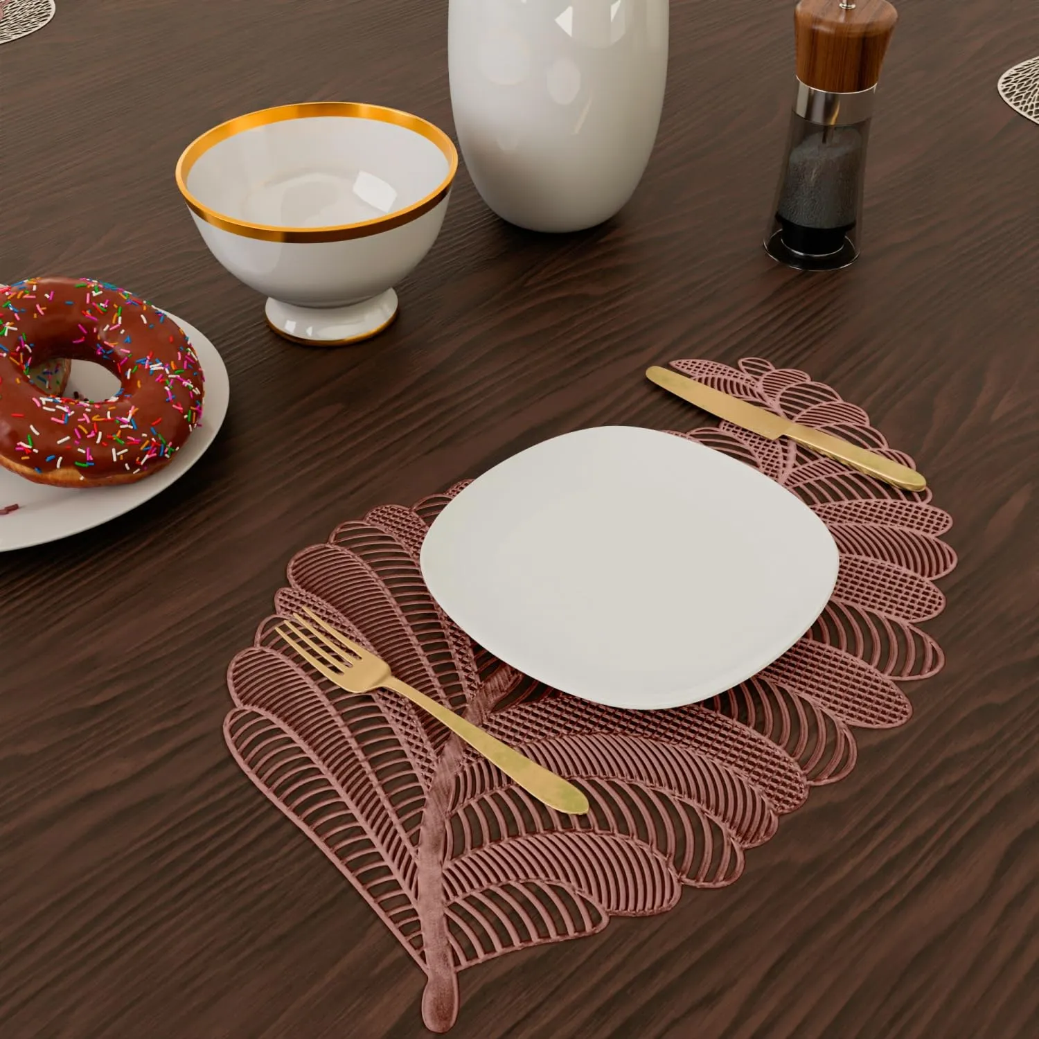 Kuber Industries Placemat | Placemats for Dining Room | Designer Table Mat Set | Placemats for Kitchen Table | Side Table Placemats | Leaf Shape Placemat | 4 Piece Set | Copper