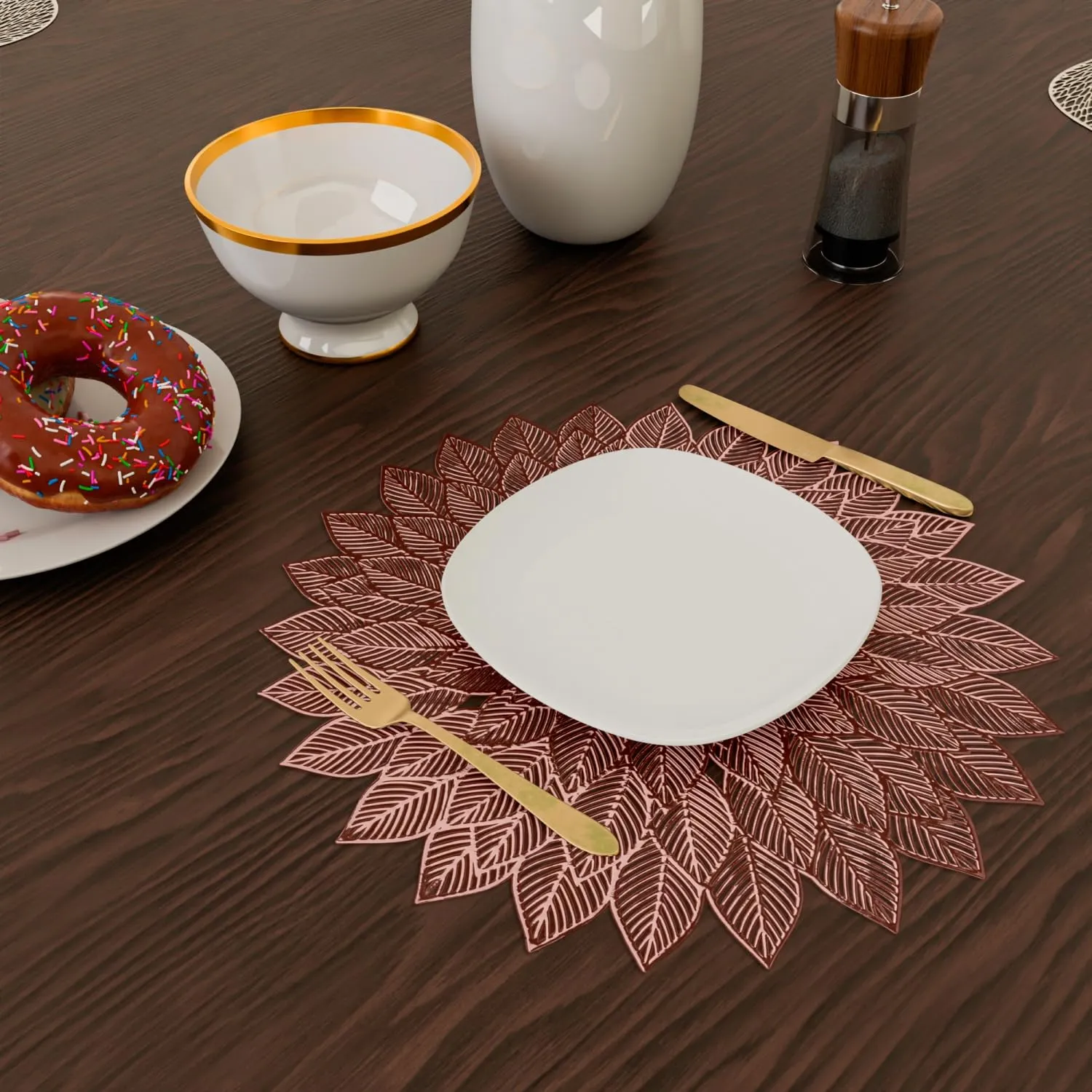 Kuber Industries Placemat | Placemats for Dining Room | Designer Table Mat Set | Placemats for Kitchen Table | Side Table Placemats | Round Flower Placemat | 6 Piece Set | Copper