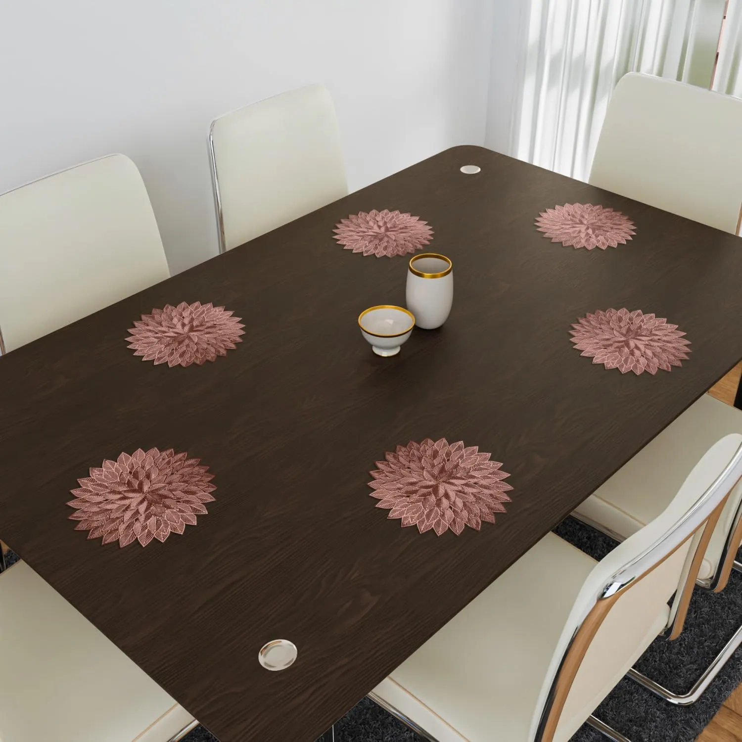 Kuber Industries Placemat | Placemats for Dining Room | Designer Table Mat Set | Placemats for Kitchen Table | Side Table Placemats | Round Flower Placemat | 6 Piece Set | Copper