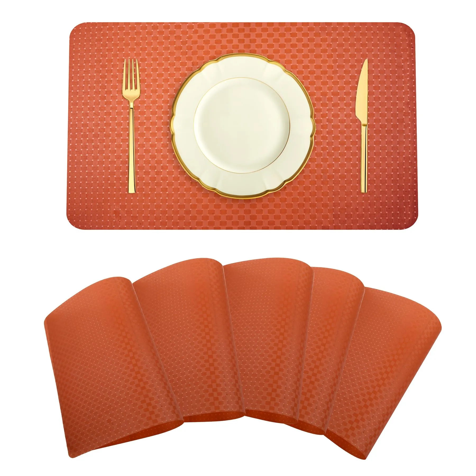 Kuber Industries Placemat | Placemats for Dining Room | Table Mat Set | Placemats for Kitchen Table | Dining Table Placemats | Check-Design Placemat | 6 Piece Set | Orange