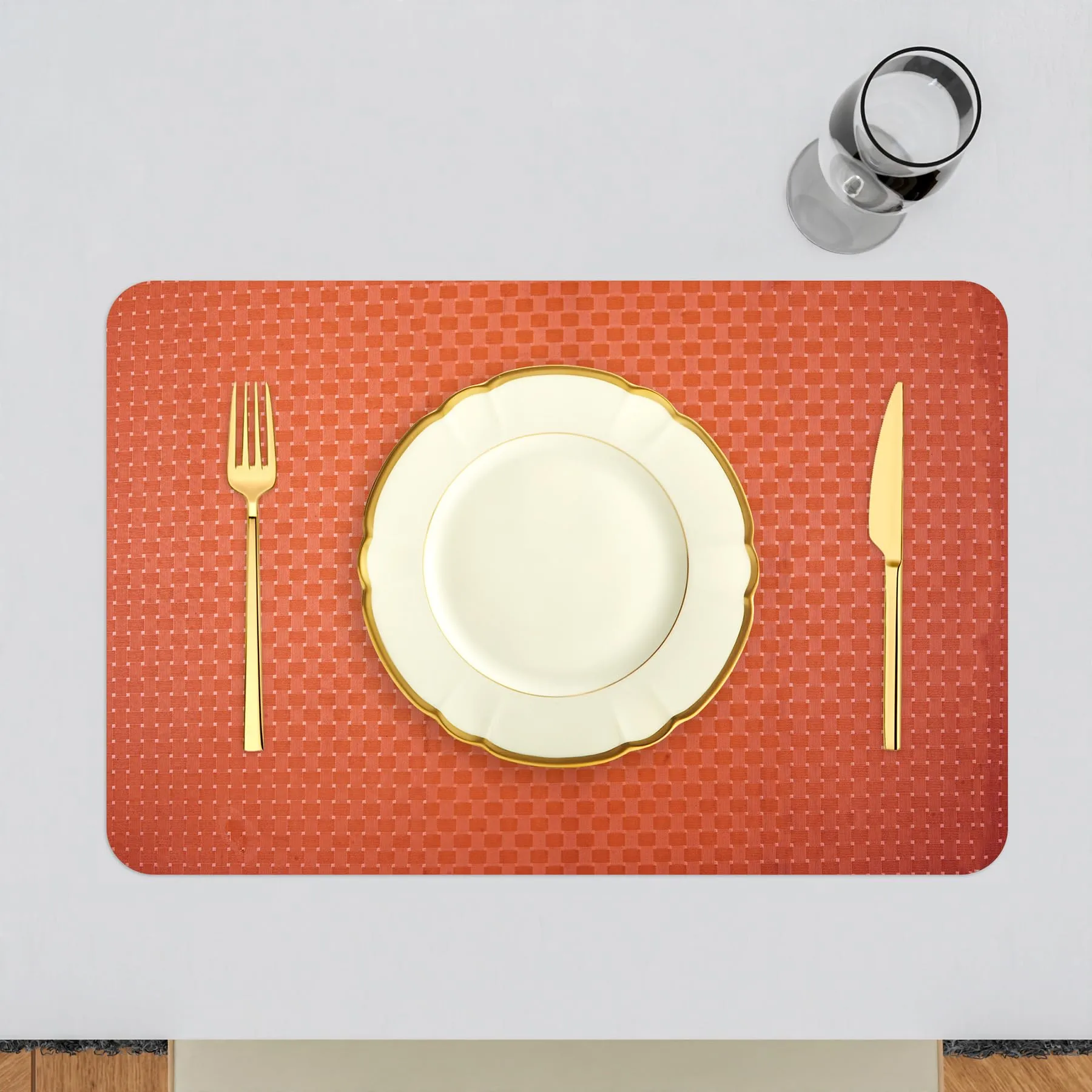 Kuber Industries Placemat | Placemats for Dining Room | Table Mat Set | Placemats for Kitchen Table | Dining Table Placemats | Check-Design Placemat | 6 Piece Set | Orange