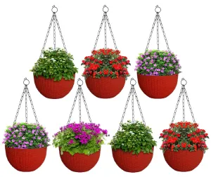 Kuber Industries Plastic Hanging Flower Pot for Balcony & Railing Set of 7 (Red) 53KM3832