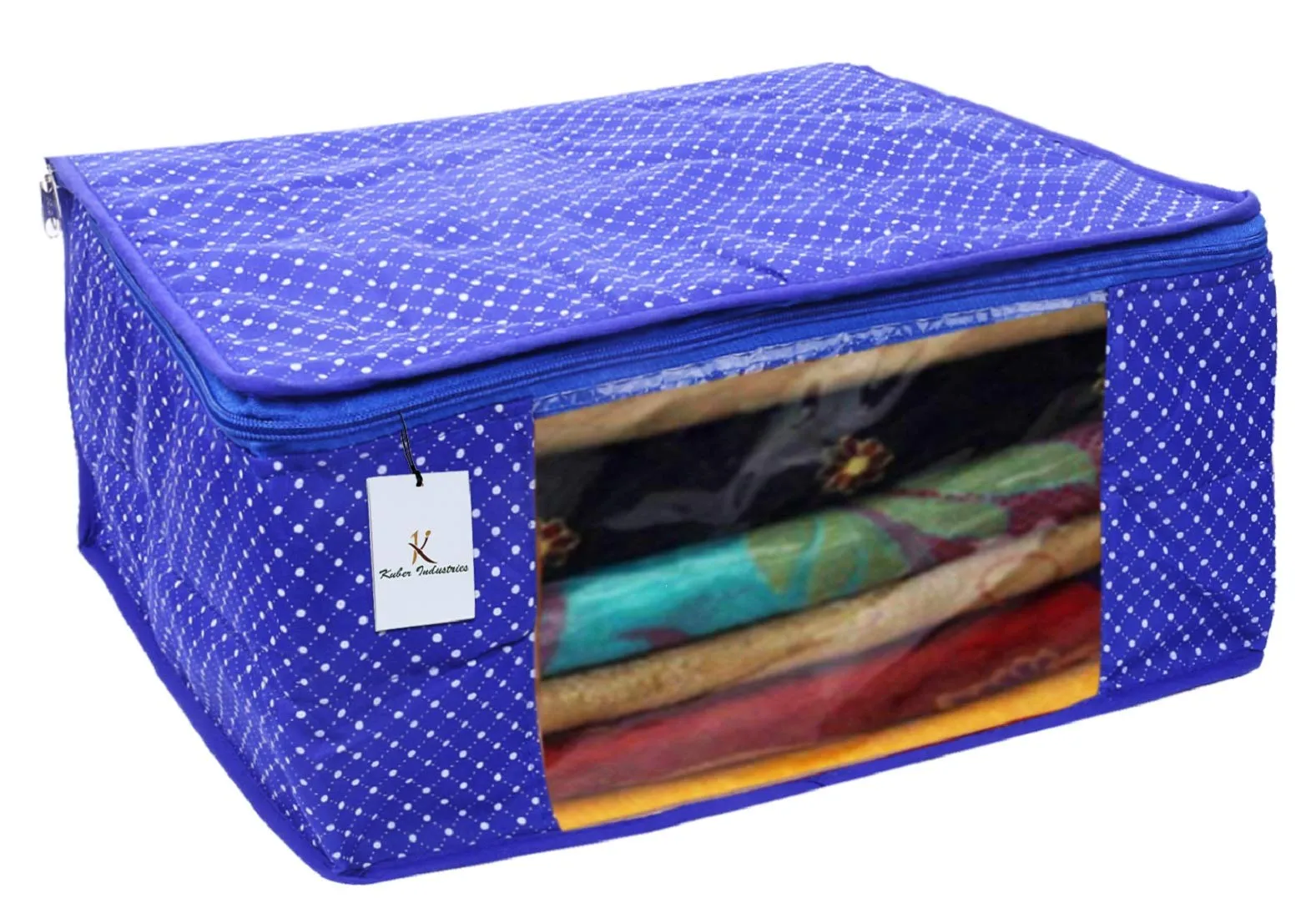 Kuber Industries Polka Dots 2 Piece Cotton 3 Layered Quilted Saree Cover, Blue-CTKTC21276