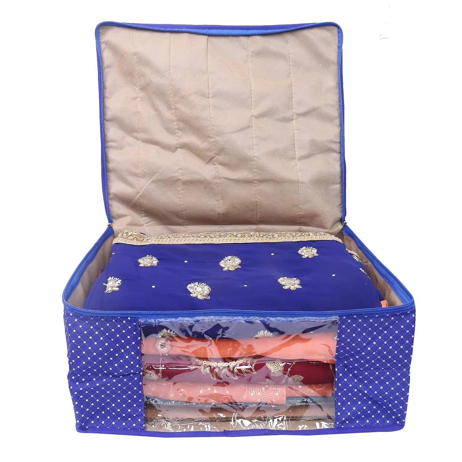 Kuber Industries Polka Dots 2 Piece Cotton 3 Layered Quilted Saree Cover, Blue-CTKTC21276