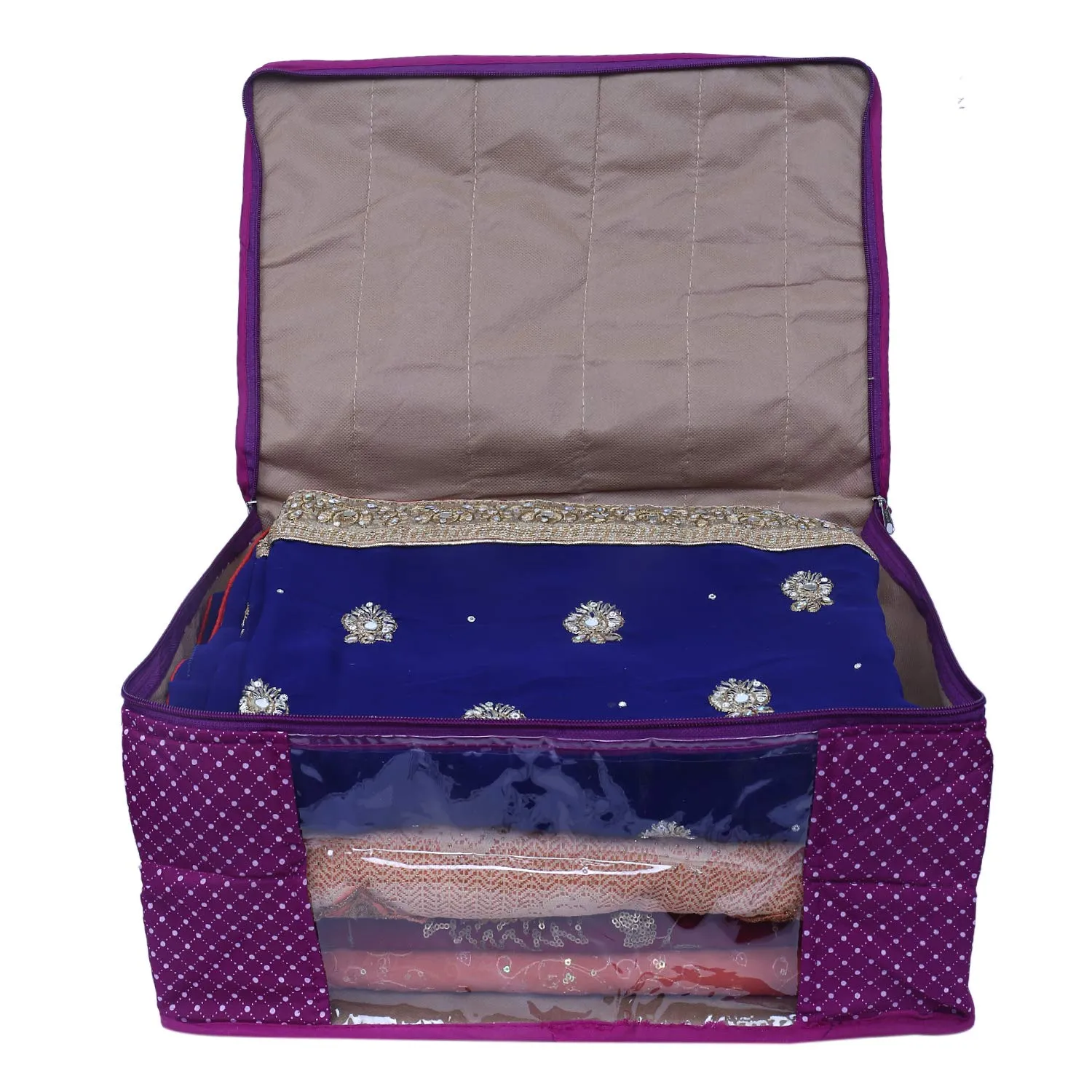 Kuber Industries Polka Dots 4 Piece Cotton 3 Layered Quilted Saree Cover, Purple-CTKTC21290