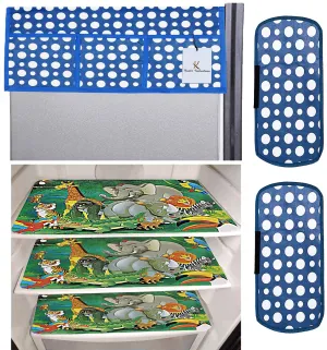 Kuber Industries Polka Dots Design 3 Pieces PVC Fridge Mats,2 Piece Handle Cover and 1 Piece Fridge Top Cover (Blue) CTKTC34089