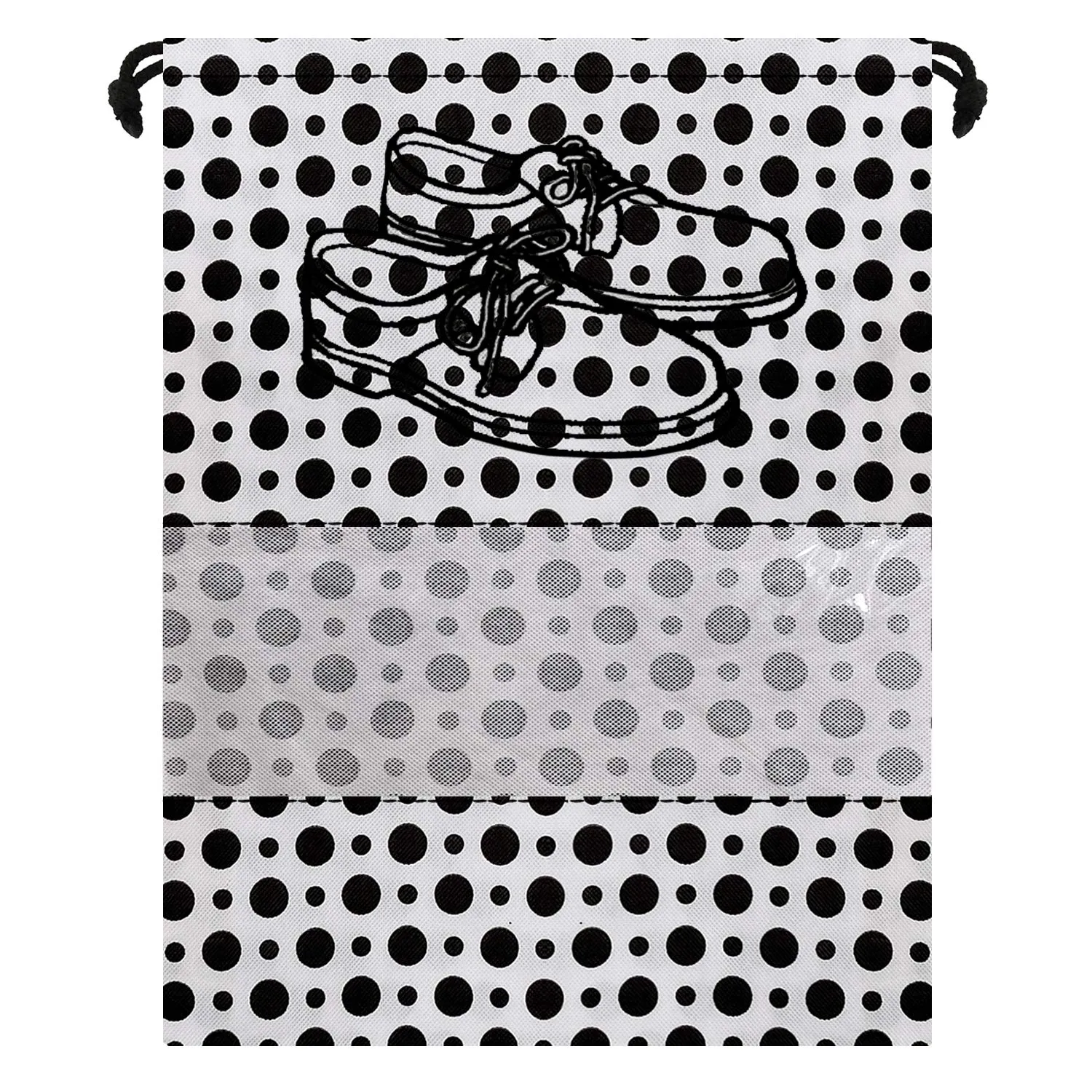 Kuber Industries Polka Dots Print 12 Piece Non Woven Travel Shoe Cover, String Bag Organizer (Black & White)