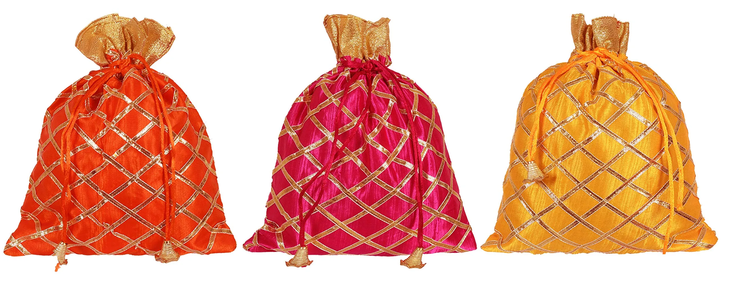 Kuber Industries Potli Bags Handbags for Women Gifting Wristlets for Wedding, Festival, Kitty Subh Shagun-Pack of 3 (Orange & Pink & Yellow)