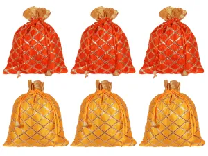 Kuber Industries Potli Bags Handbags for Women Gifting Wristlets for Wedding, Festival, Kitty Subh Shagun-Pack of 6 (Orange & Yellow)