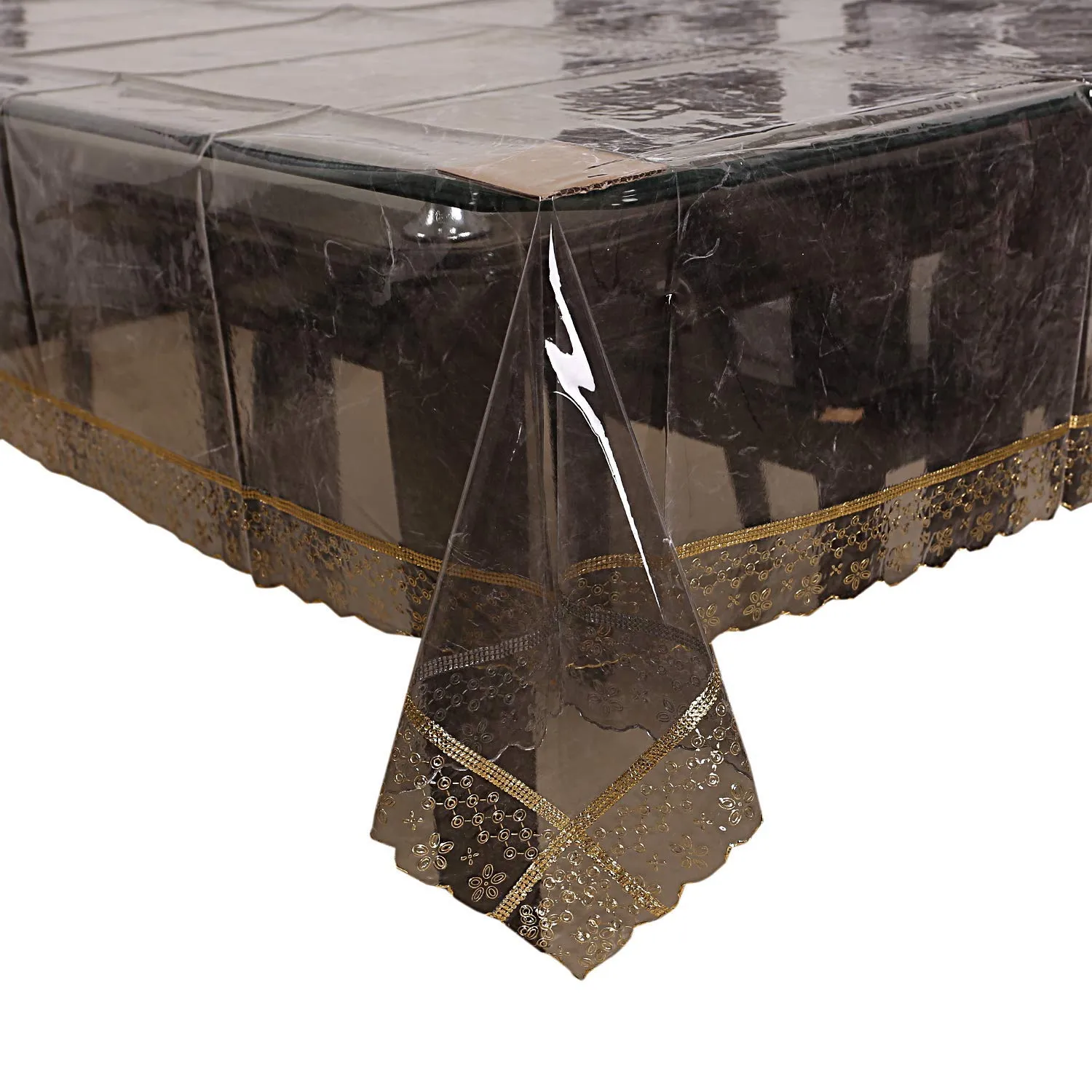 Kuber Industries PVC 4 Seater Center Table Cover with Golden Lace (Black Transparent), CTKTC13896