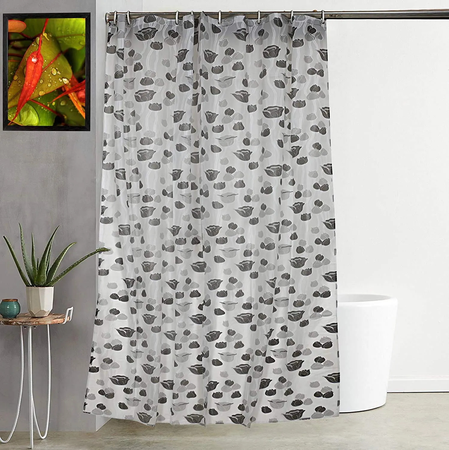 Kuber Industries PVC Floral Shower Curtain with Hooks,Size Standard (Grey), Washable, Pack of 1