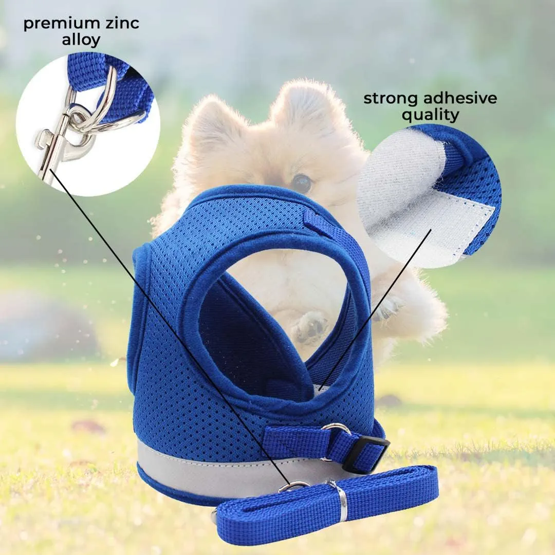 Kuber Industries Reflective Dog Harness with Adjustable Leash|Breathable Polyester Mesh Fabric |Large Size|HT-844|Comfortable No-Pull Grip|Quick Release Buckles|Easy On-Off Harness|Blue (Pack of 4)