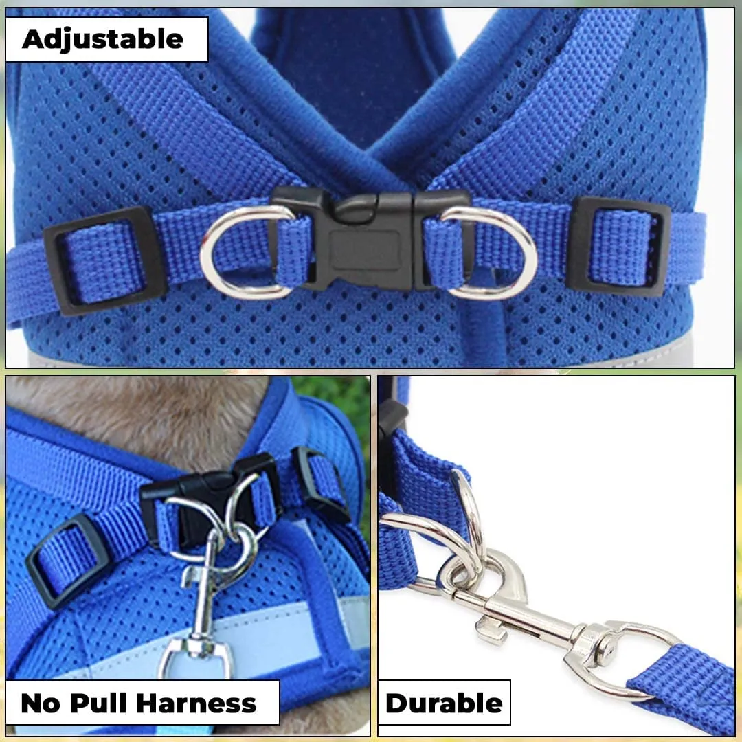 Kuber Industries Reflective Dog Harness with Adjustable Leash|Breathable Polyester Mesh Fabric |Large Size|HT-844|Comfortable No-Pull Grip|Quick Release Buckles|Easy On-Off Harness|Blue (Pack of 4)