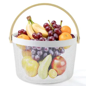 Kuber Industries Round Metal Mesh Basket for Storage with wooden handle | 400 Gm |Fruit Basket and Vegetable Basket for Kitchen | Baskets for Organizing Home and Kitchen | Multipurpose | White