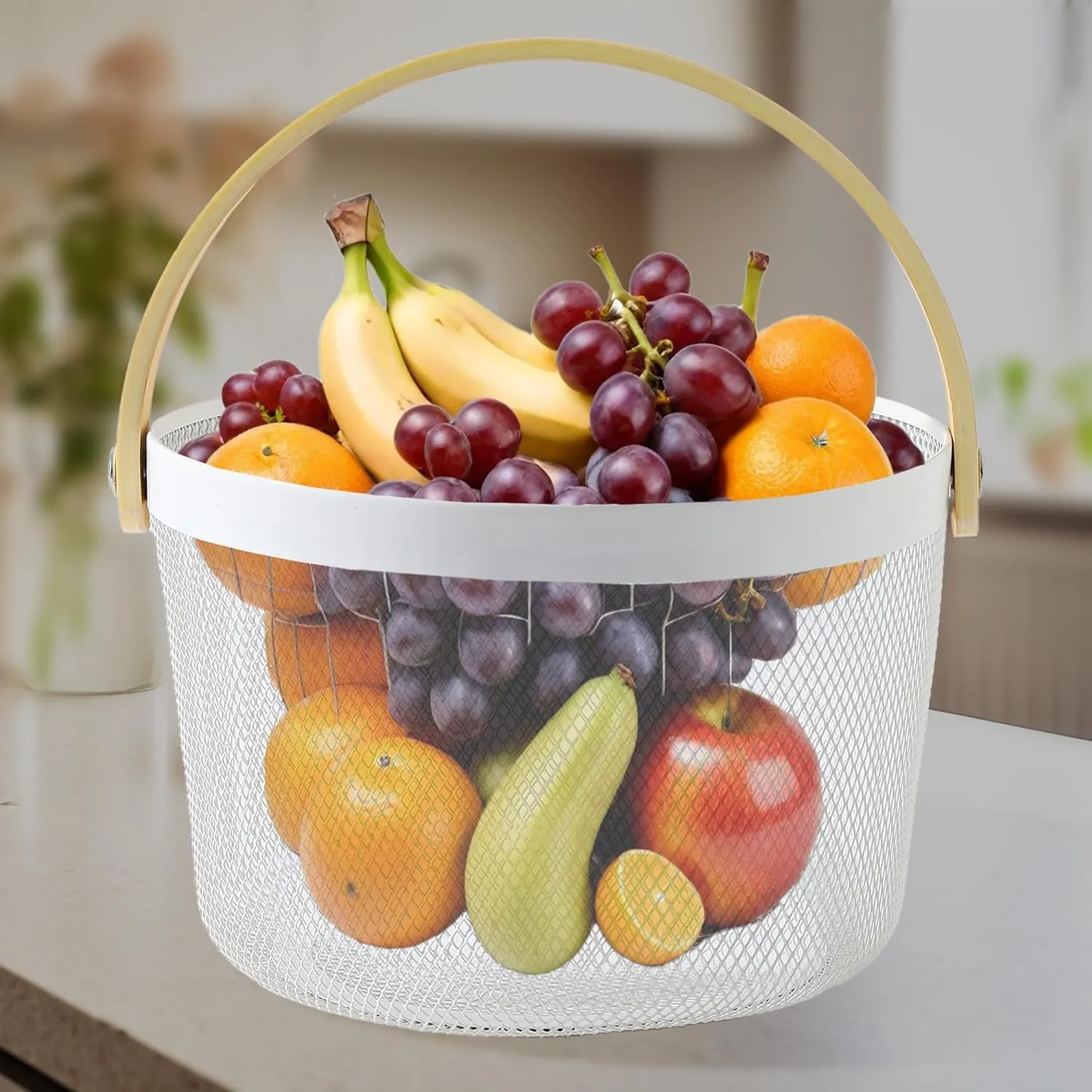 Kuber Industries Round Metal Mesh Basket for Storage with wooden handle | 400 Gm |Fruit Basket and Vegetable Basket for Kitchen | Baskets for Organizing Home and Kitchen | Multipurpose | White