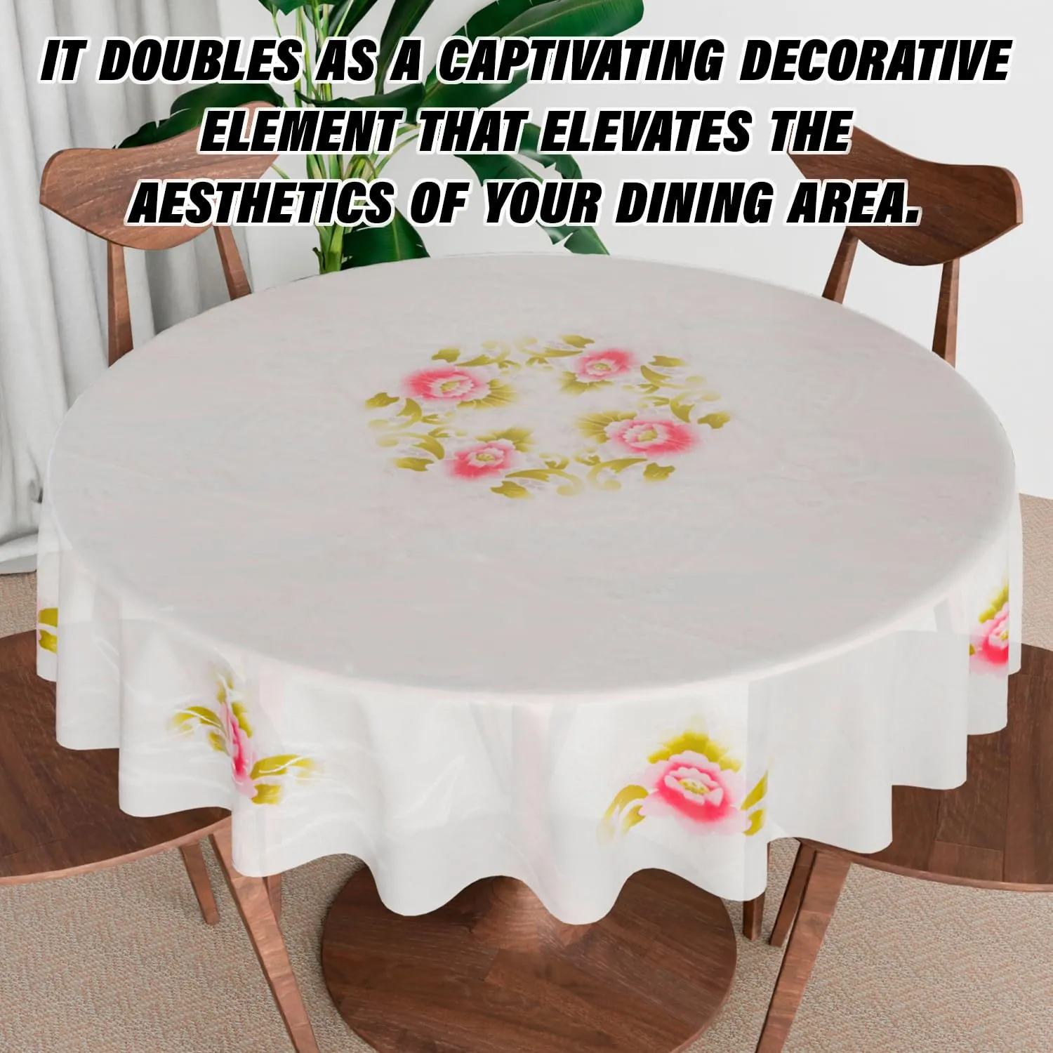 Kuber Industries Round Table Cover | PVC Table Cloth for Round Tables | 4 Seater Round Table Cloth | Flower Almond Kitchen Dining Tablecloth | Tabletop Cover | 60 Inch | Pink