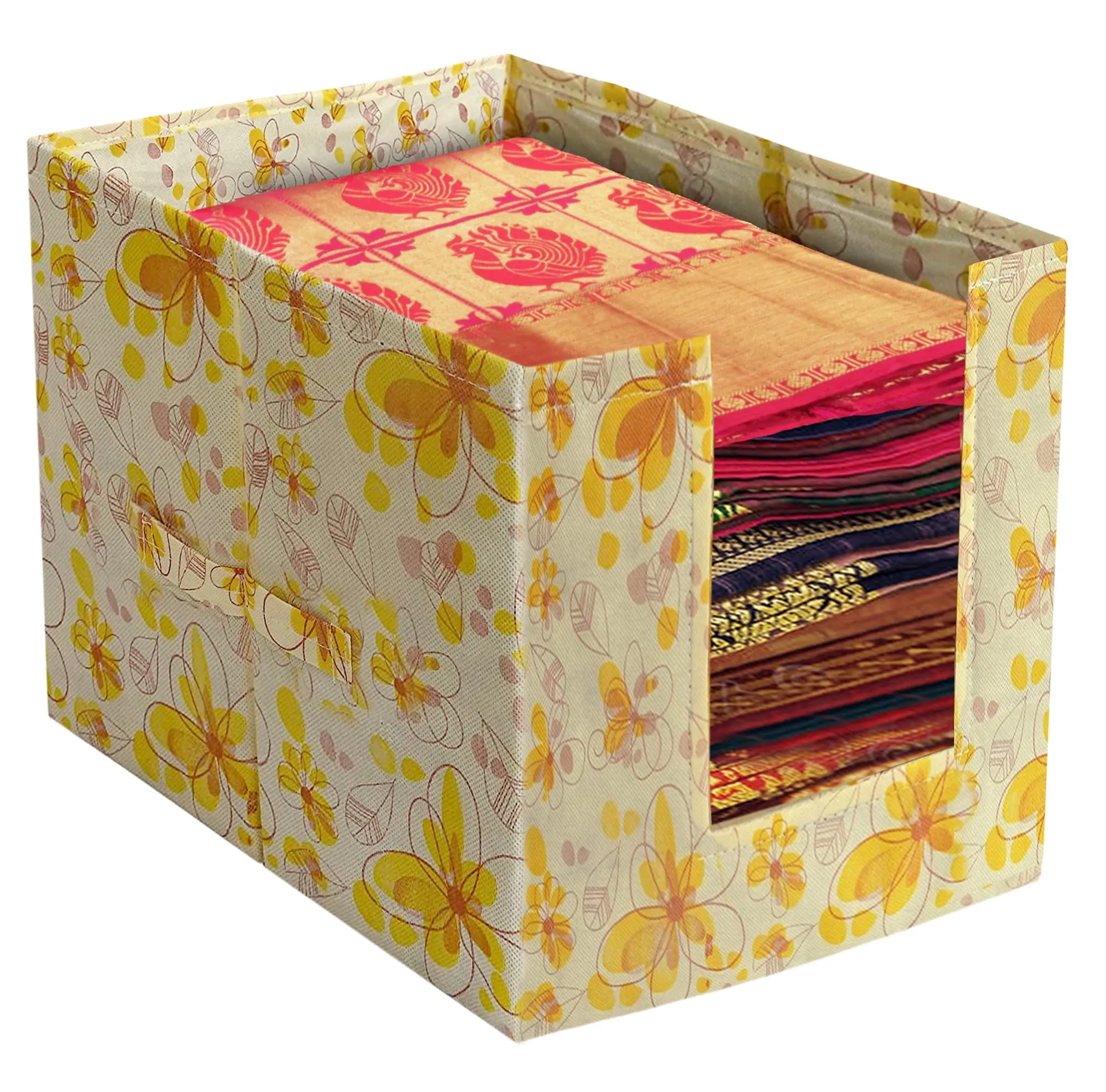 Kuber Industries Saree Organizer for Wardrobe/Closet Storage Box and Clothing Organiser for Women Clothes With Flower Design (Yellow)