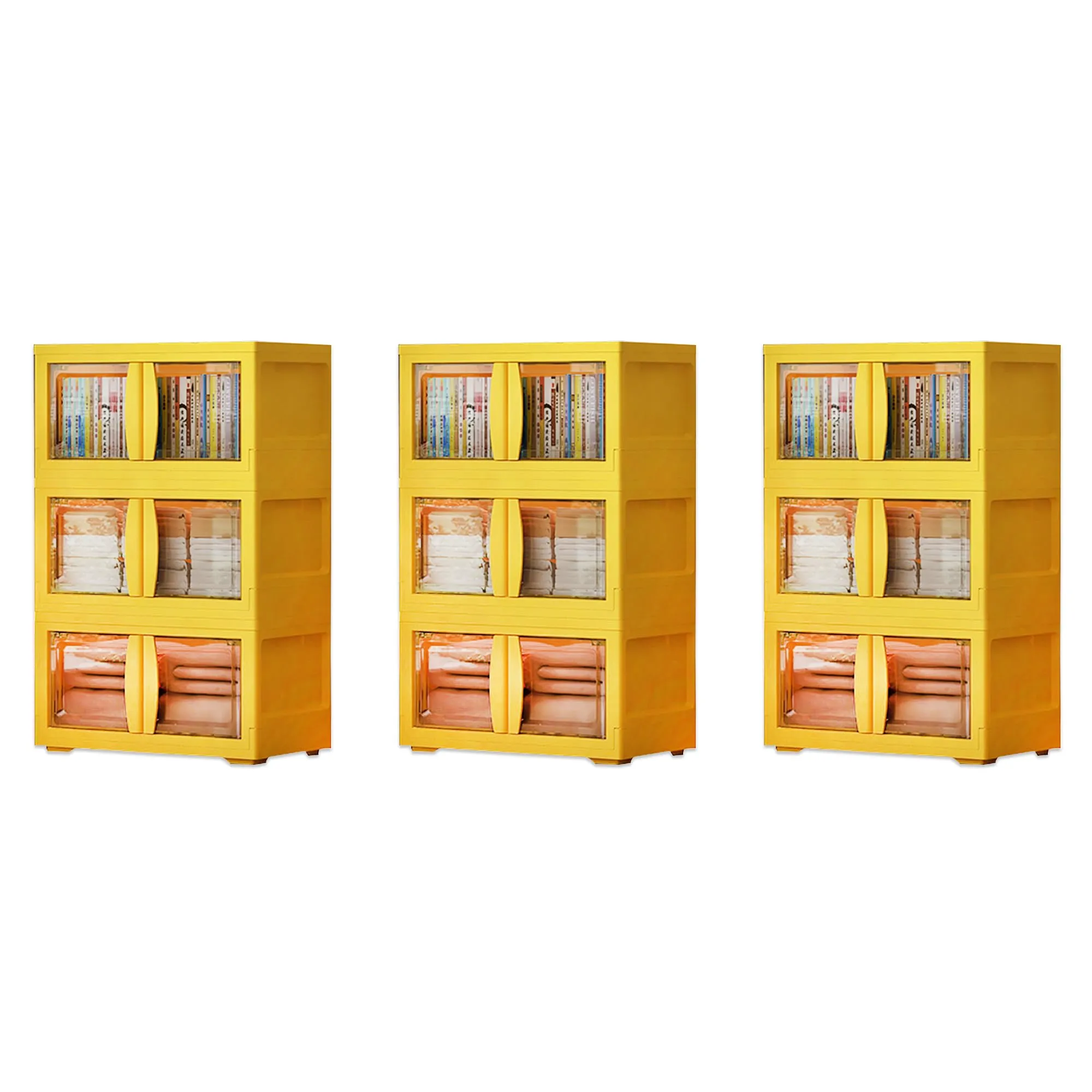 Kuber Industries (Set of 3) 3-Layer Double Door Almirah for Clothes - Collapsible & Foldable Dress Racks/Plastic Cupboard for Storage - Yellow