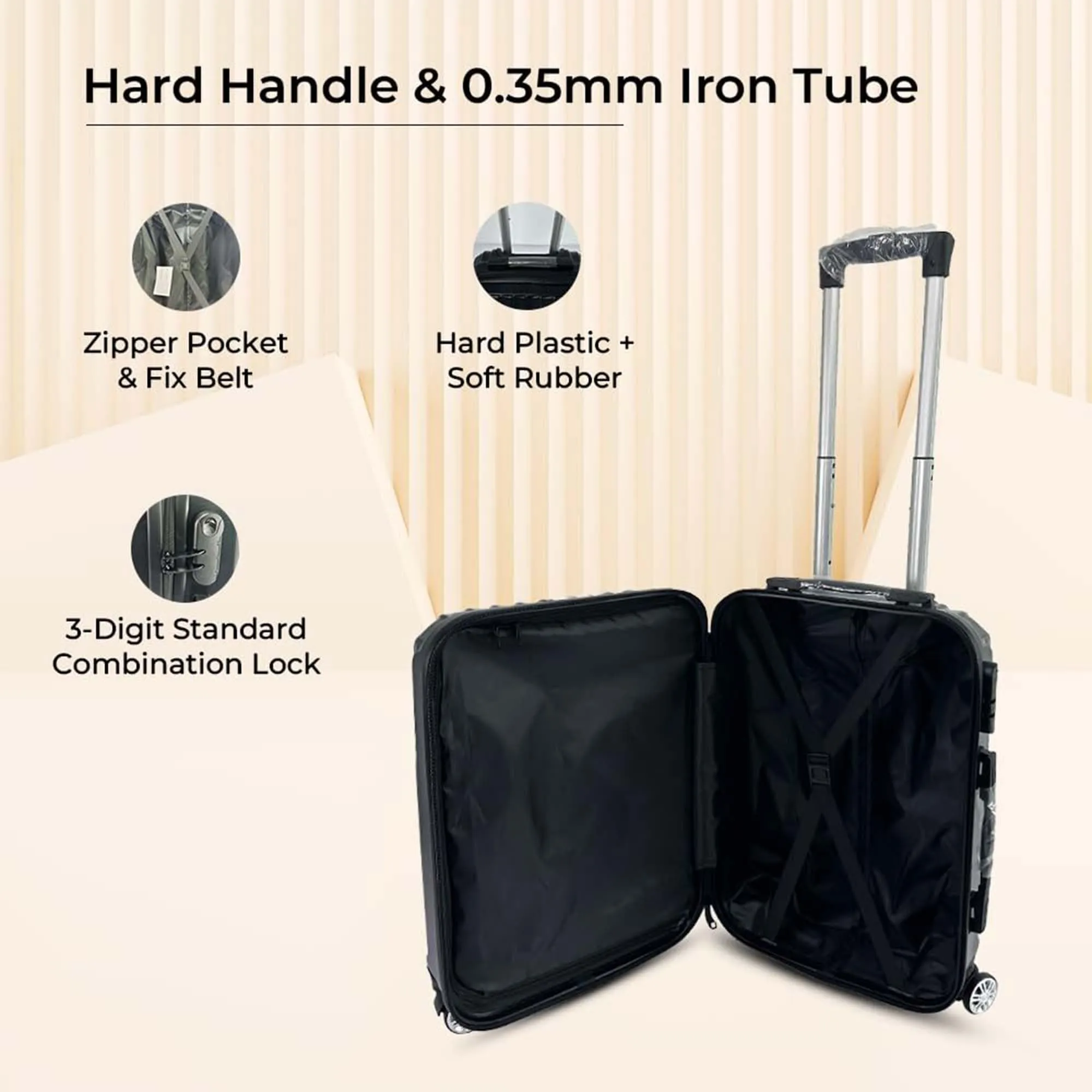 Kuber Industries Set of 3 Lightweight 20inch, 24inch, 28inch Cabin Trolley Bags with 360 Degree Wheels | Expandable Carry-On Cabin Luggage Suitcase | Bags for Travel | 61103PCBLK-Black