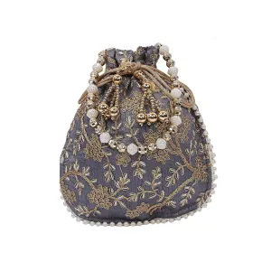 Kuber Industries Silk Embroidered Women Potli Bag (Grey),CTKTLUG964