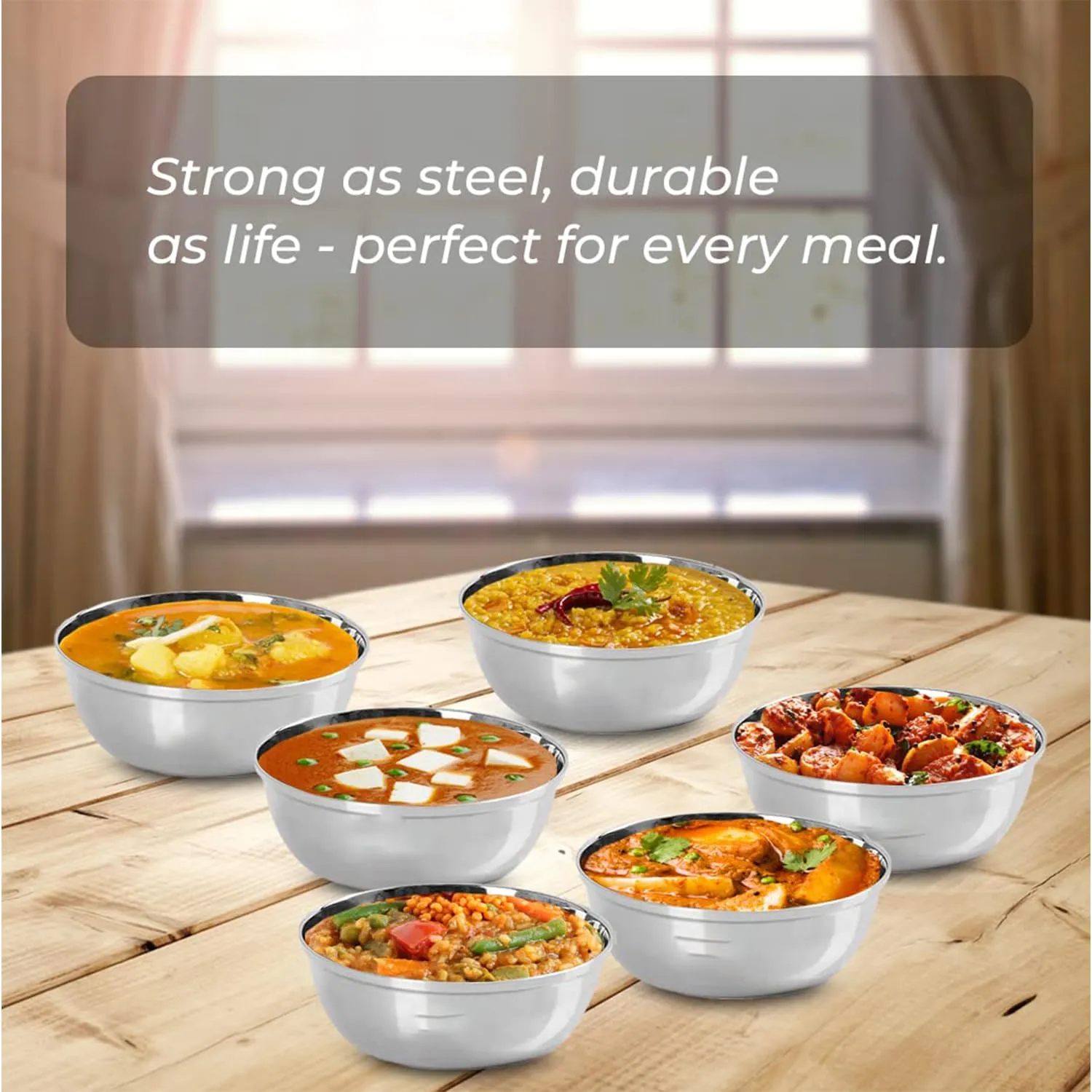 Kuber Industries Stainless Steel Bowl Kitchen Set | Durable & Wobble Free Base | Rust Proof, Easy to Clean & Store | Essential Indian Dinnerware & Crockery | Steel Bowl Set of 6 (Pack of 3)