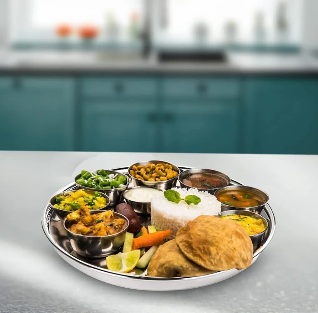 Kuber Industries Stainless Steel Dining Plate Set | Blunt Edges, Deep Base | Glossy Finish, Durable, Easy to Clean | Steel Plates for Lunch, Breakfast, Dinner | Set of 4 (Pack of 2)