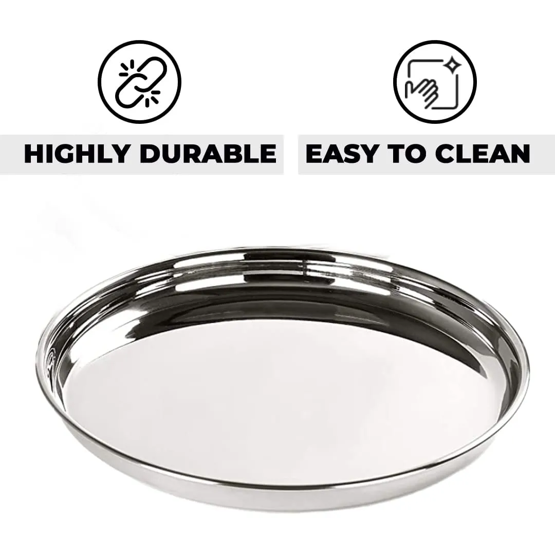 Kuber Industries Stainless Steel Dinner Plates Set of 6 | 29 cm Dia I Heavy Gauge & Deep Base | Mirror Finish | Multi-Purpose Steel Thali Set of 6 | Durable and Elegant Dinnerware Set