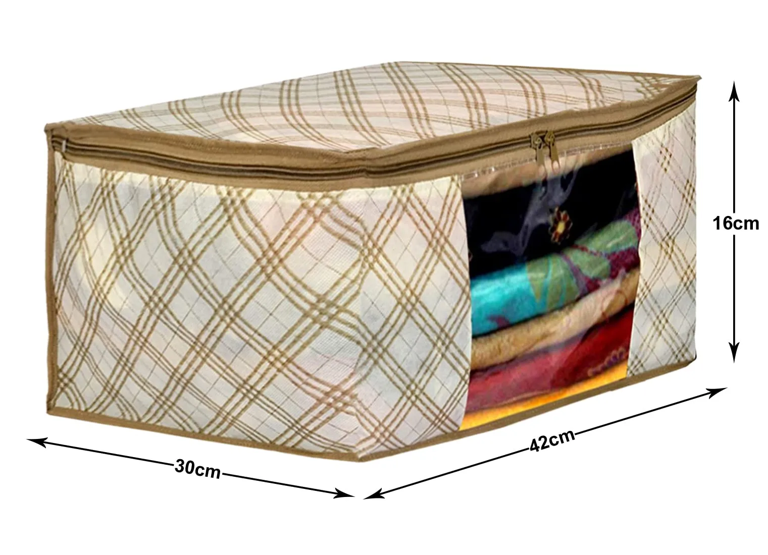 Kuber Industries Tartan Design Non-woven Sarees, Clothes Cover/Organizer With Transparent Window- Pack of 3 (Beige)-44KM0370