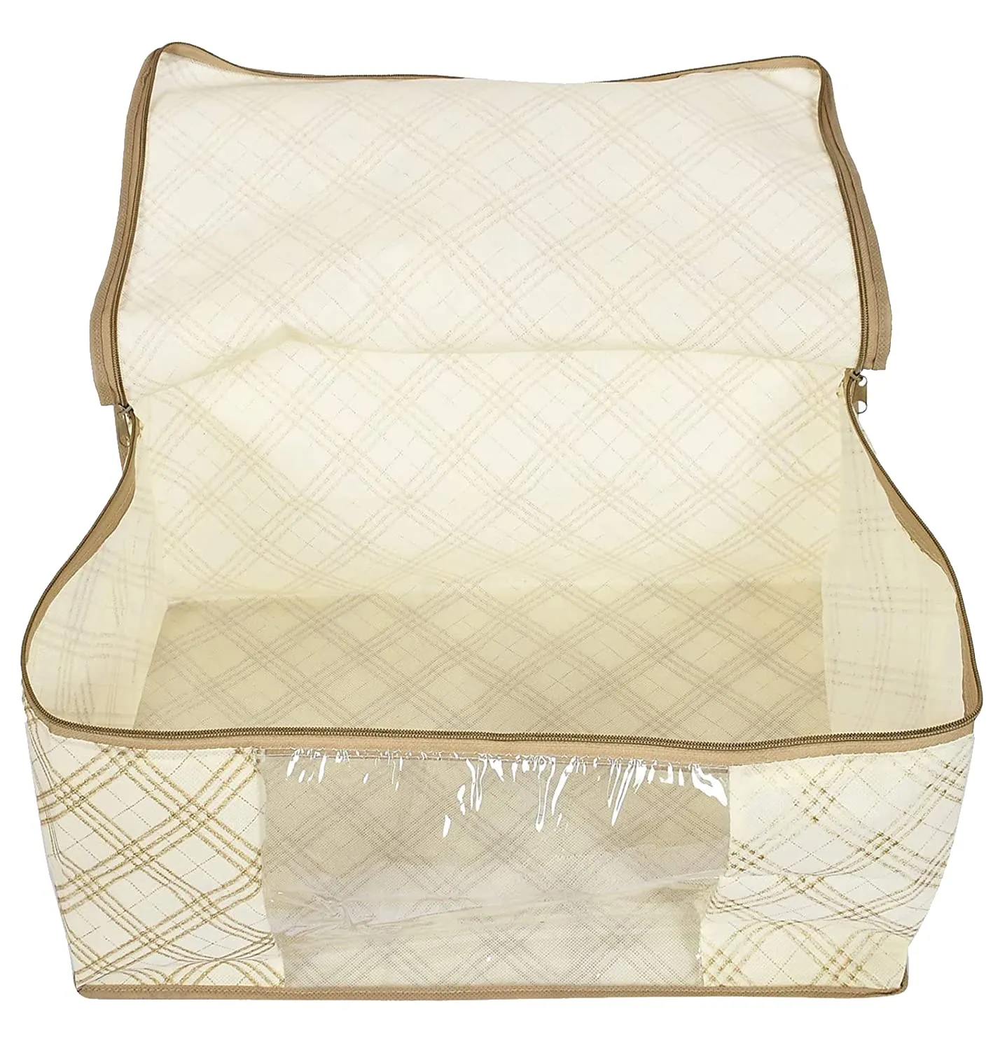 Kuber Industries Tartan Design Non-woven Sarees, Clothes Cover/Organizer With Transparent Window- Pack of 3 (Beige)-44KM0370