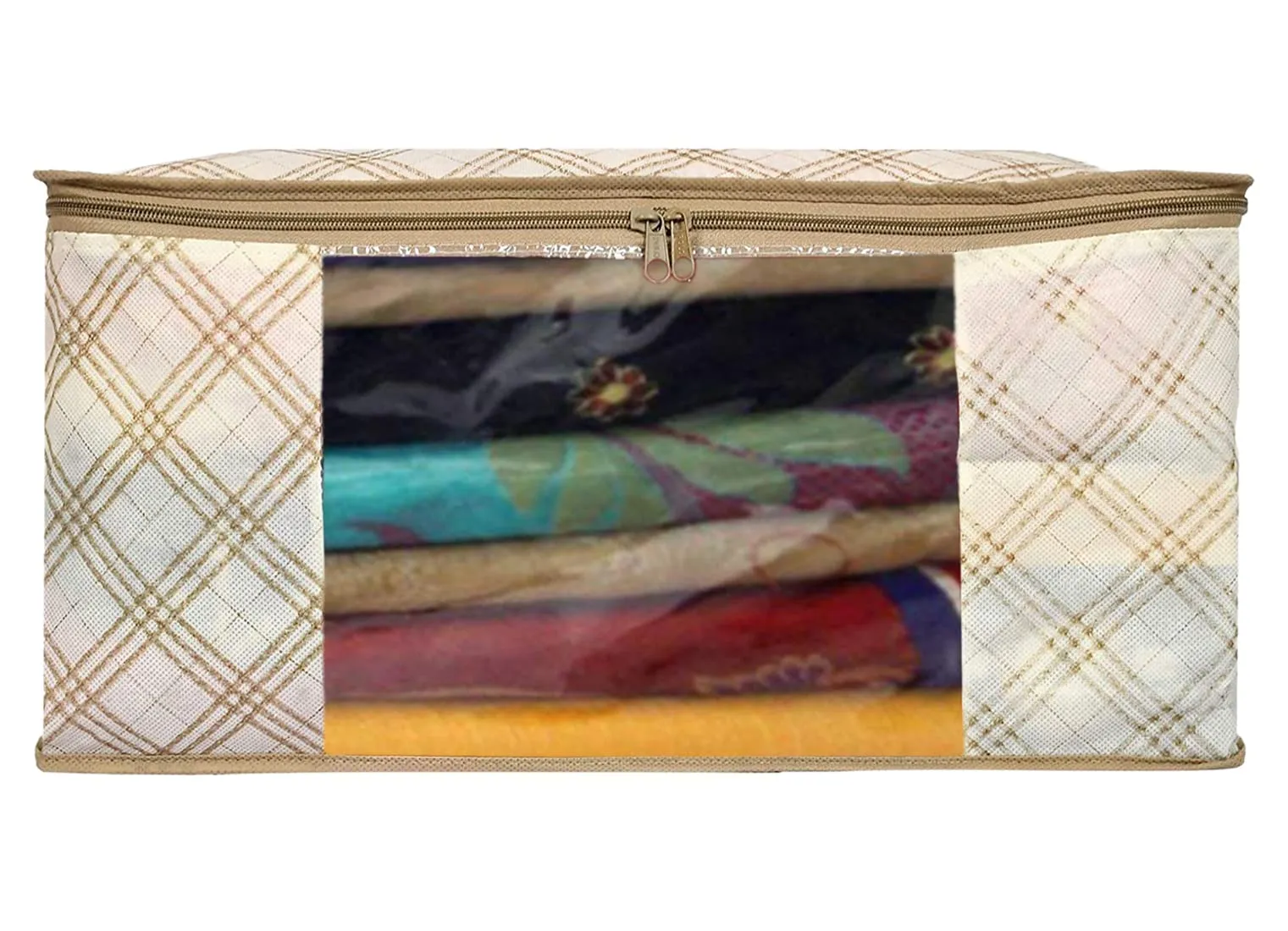 Kuber Industries Tartan Design Non-woven Sarees, Clothes Cover/Organizer With Transparent Window- Pack of 3 (Beige)-44KM0370