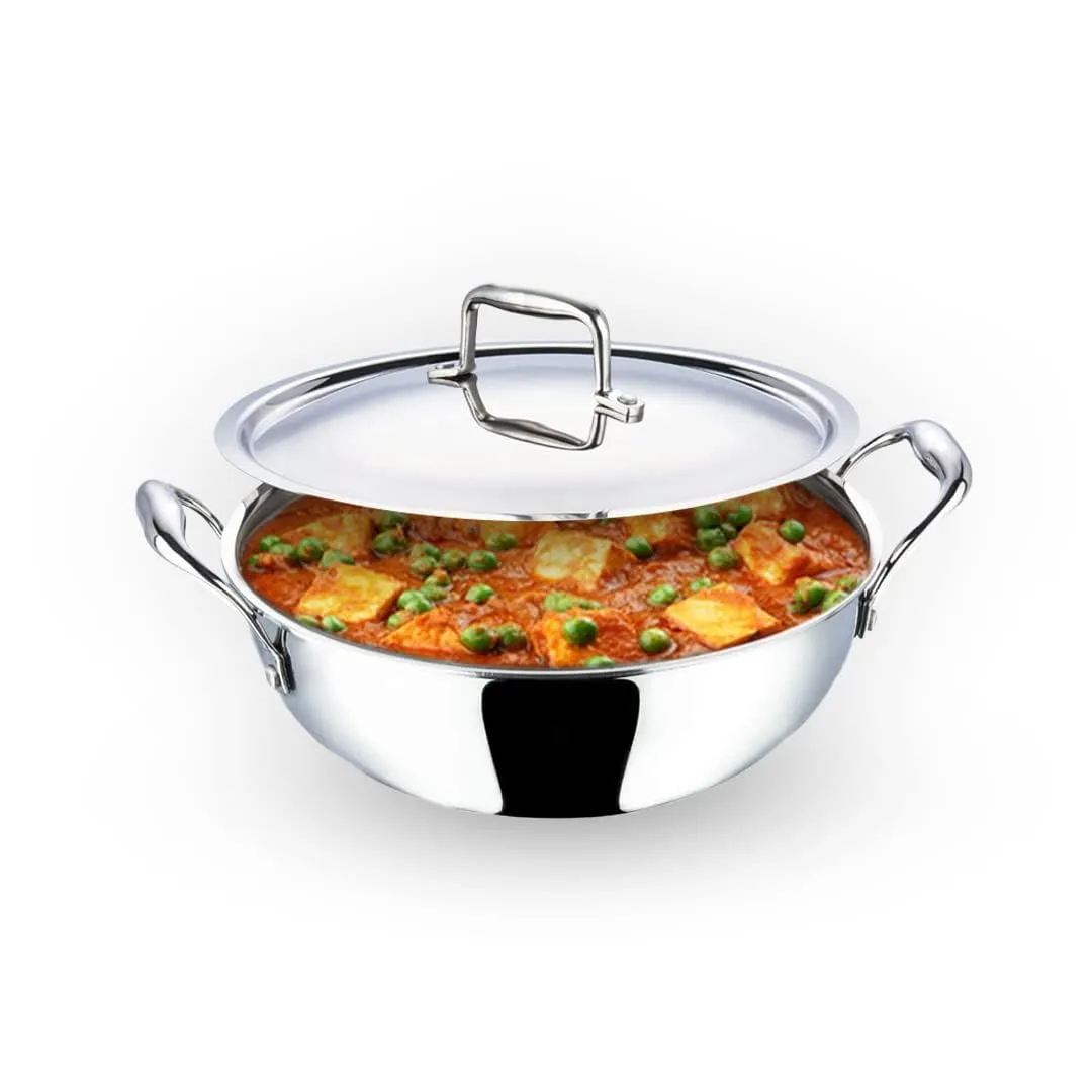 Kuber Industries Tri-ply Stainless Steel Kadhai with lid I Induction Base I 1.6 litres Capacity I 20cm Diameter I Extra Deep Frying Pan I Riveted Handles