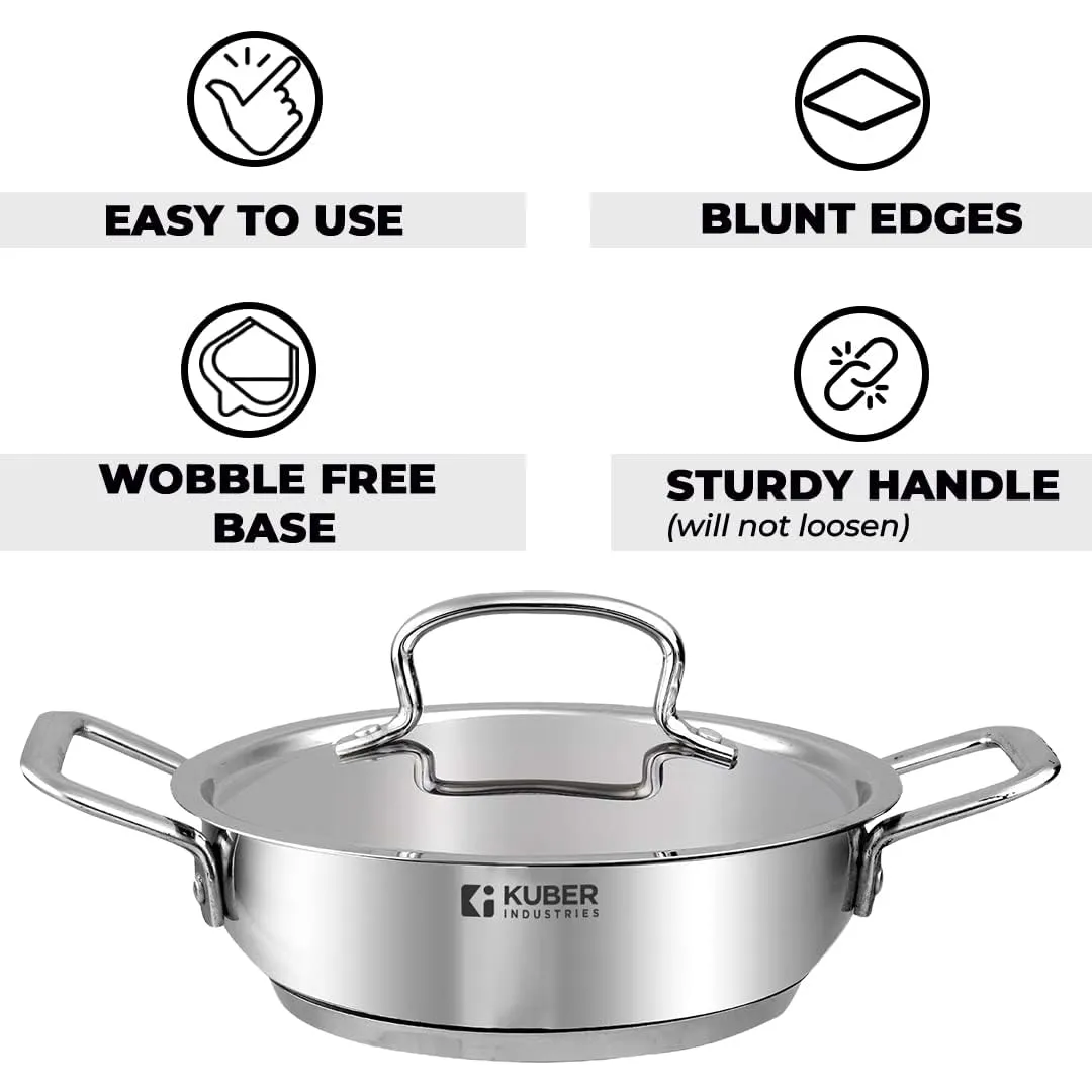 Kuber Industries Tri-ply Stainless Steel Kadhai with lid I Induction Base I 1.6 litres Capacity I 20cm Diameter I Extra Deep Frying Pan I Riveted Handles