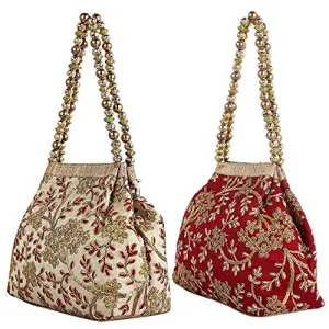 Kuber Industries Women 2 Pieces Polyester Embroidered Woman Potli Bag, Maroon & Cream - Ctktc31401