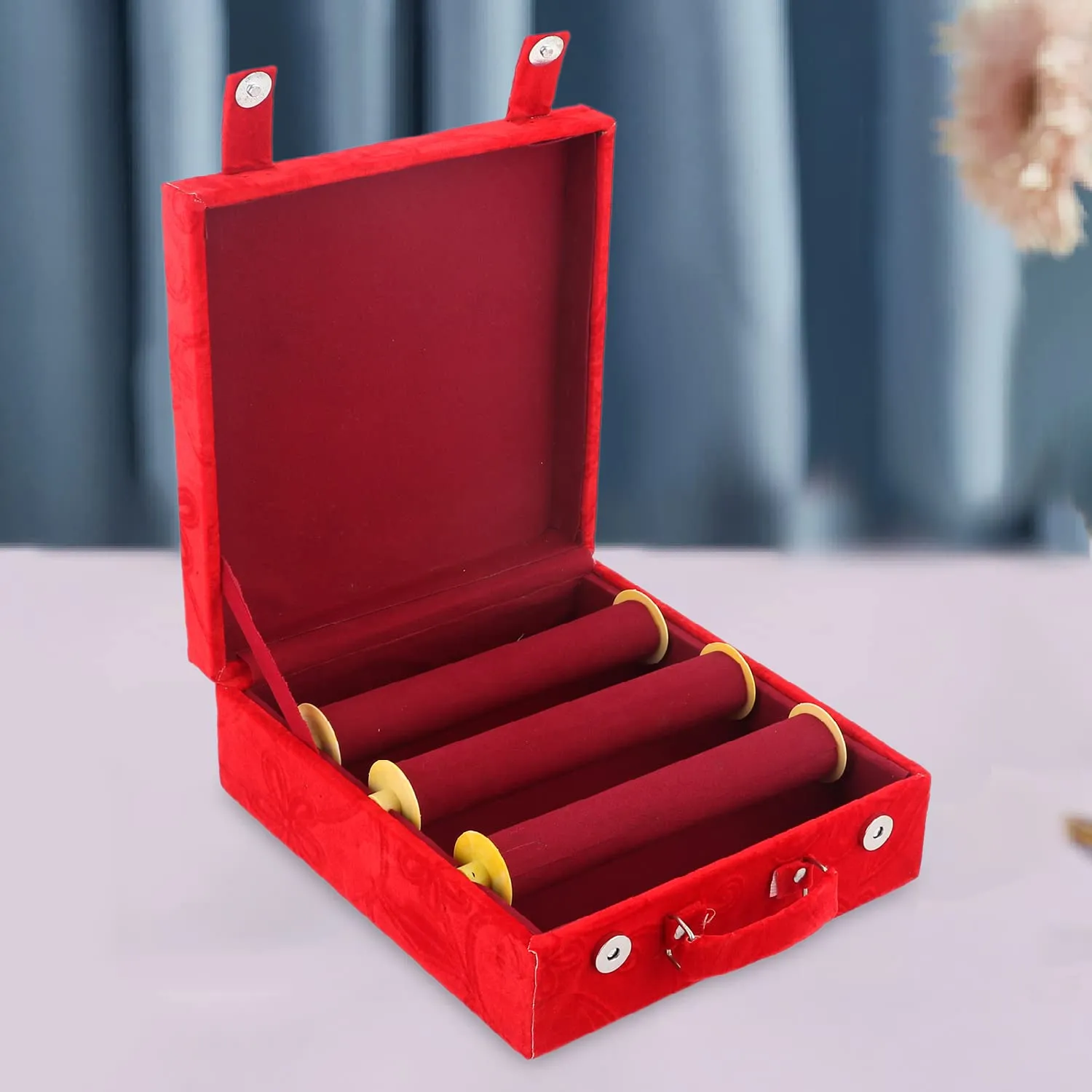 Kuber Industries Wooden Flower Print 3 Rod Bangle Box|Chudi Box And 2 Magnetic Buckle With Removable Rod & Handle (Red)