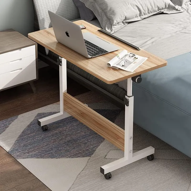 Kuber Industries Wooden Rectangular Manual Height Adjustable Table for Work & Study with Wheels | Portable Standing Desk & Laptop Tables for Work from Home & Office | 80480WNT-Walnut Brown