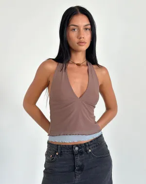 Kubra Halter Top in Mesh Brown and Light Blue