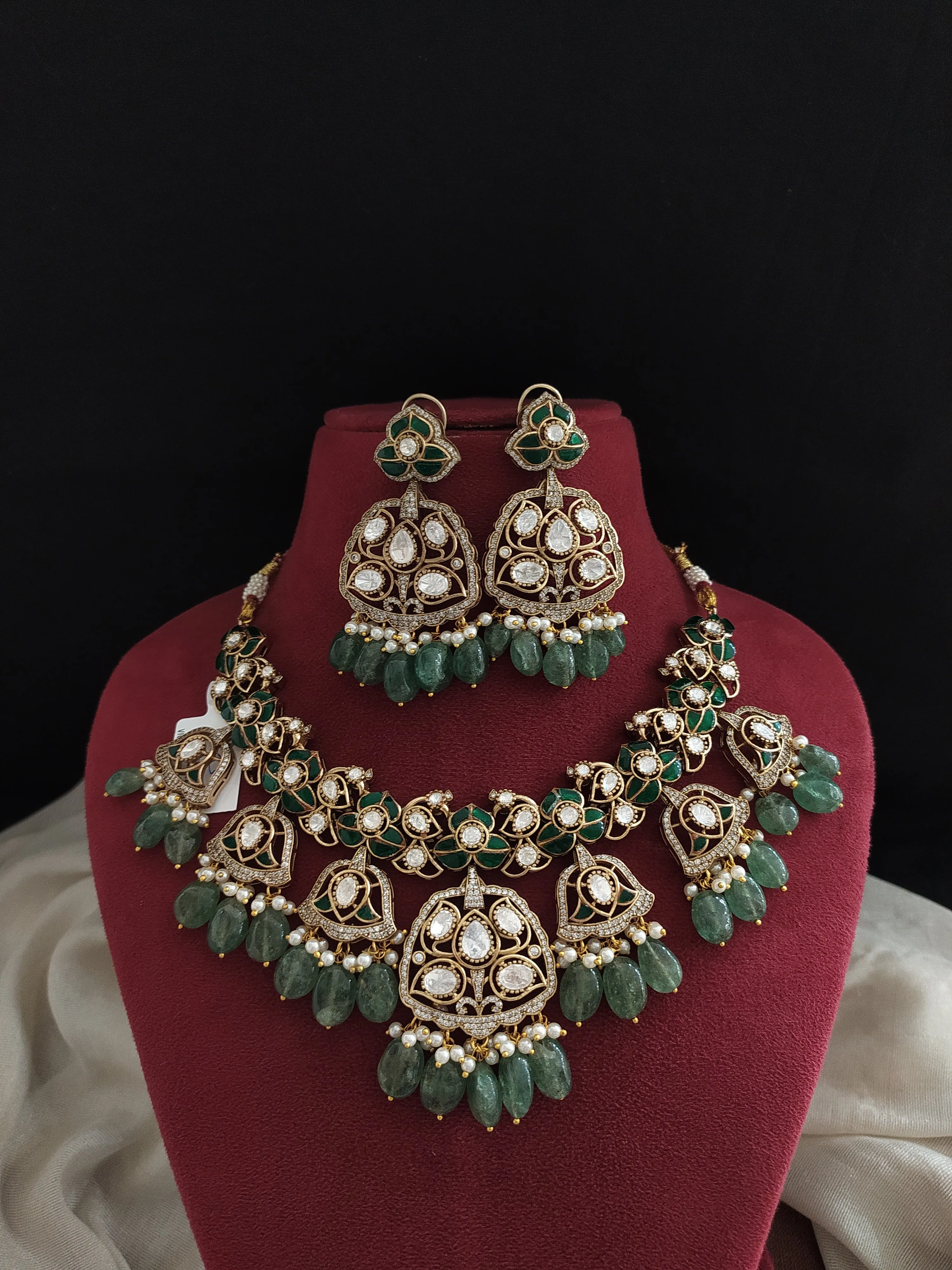 Kundan Meenakari Necklace Set with Moissanite and Bead Danglings