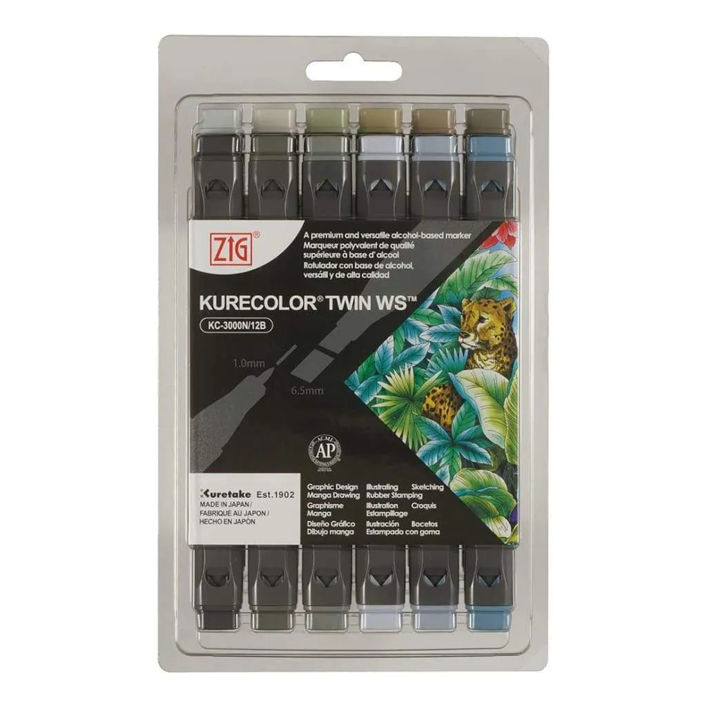 Kurecolor ZIG Twin WS Marker Set 12 pack - Gray Colors*