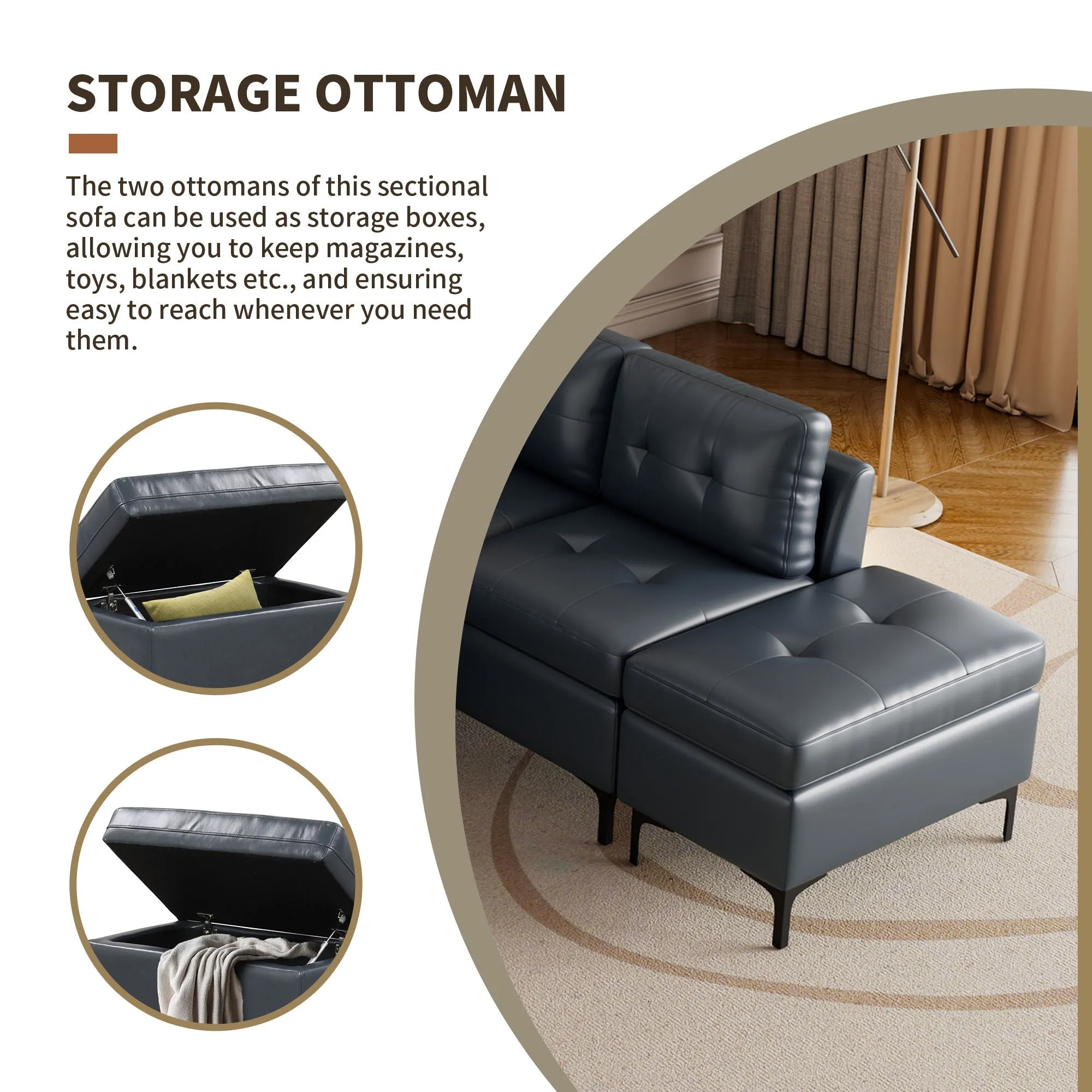 L-Shaped Corner Sofa Sectional Sofa Couch With Movable Storage Ottomans For Living Room