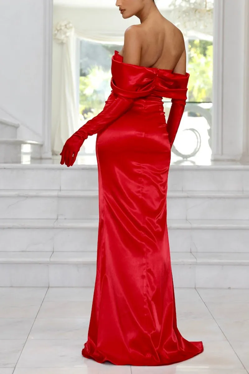 L1829 - V-Neck Off-Shoulder Ruched Satin Sheath Long Formal Evening Gown