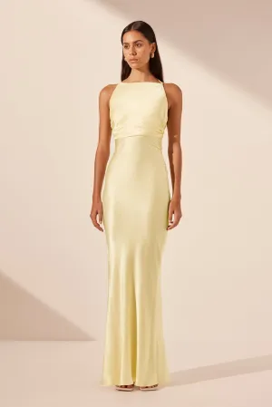 LA LUNE HIGH NECK RUCHED MAXI DRESS - LEMON